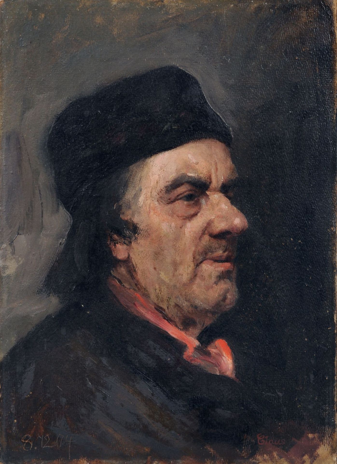 Wilhelm Claus, Porträt eines Mannes mit Kappe. 1904. Öl auf Malpappe. Signiert "Claus" u.re.