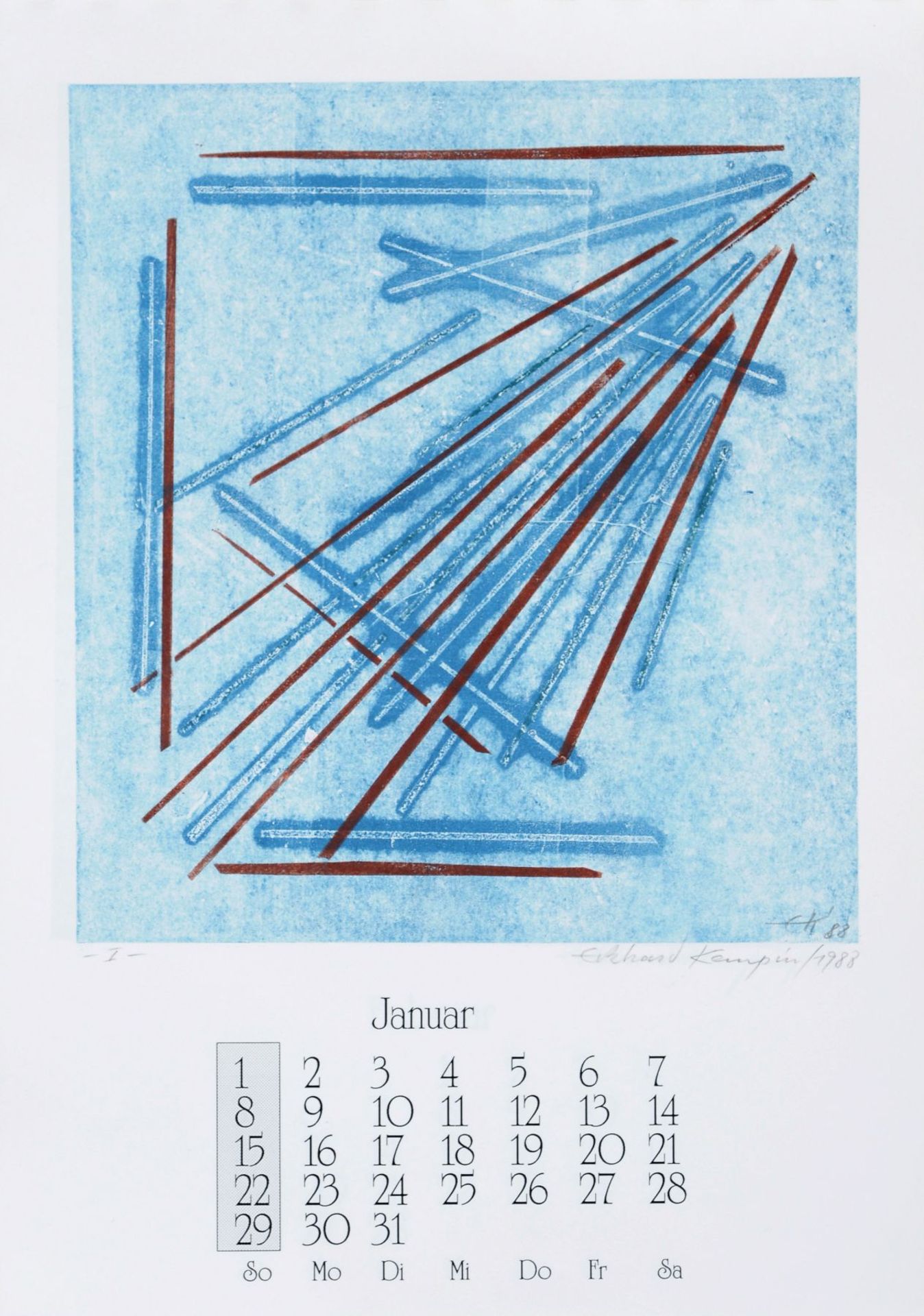 Eckhard Kempin "Grafik". 1989. Künstlerkalender mit 12 Farbmonotypien und Kalendarium sowie einem - Bild 2 aus 13
