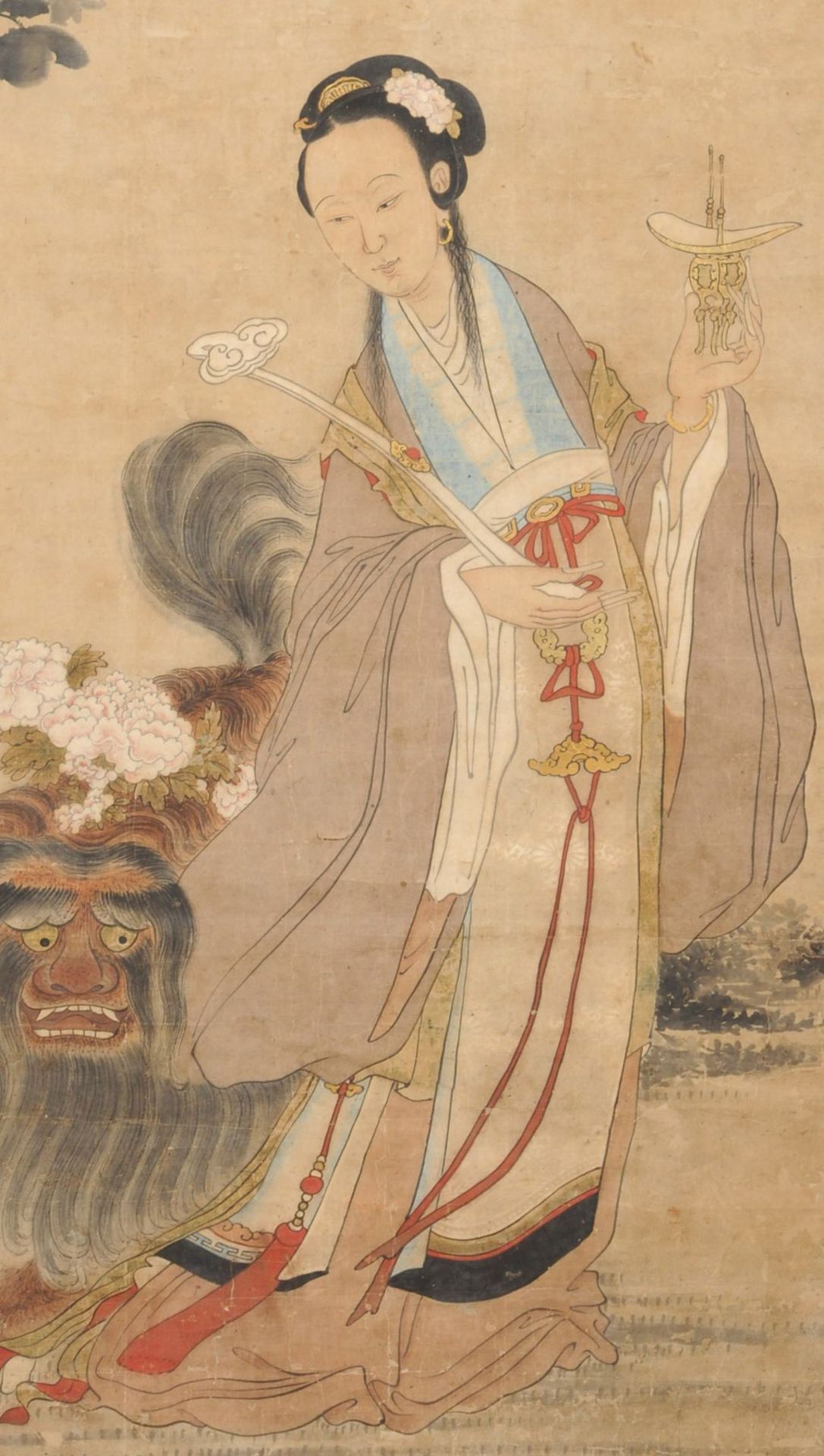 Großes Rollbild "Darstellung einer Himmelsfee mit mythischem Löwen". China. Wohl 18. Jh. Tusche, - Bild 2 aus 2