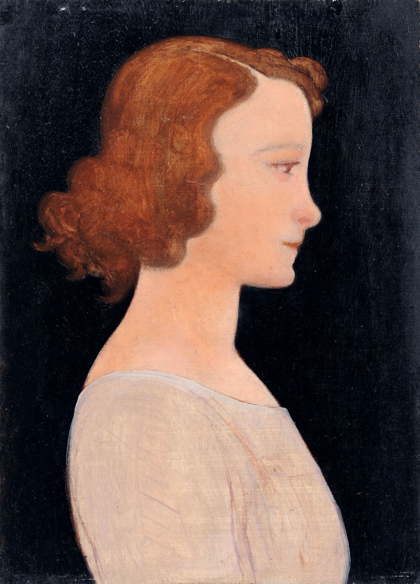 Bruno Paul Seener, Porträtstudie eines Mädchenkopfes im Profil. 1. H. 20. Jh. Öl auf Sperrholz.