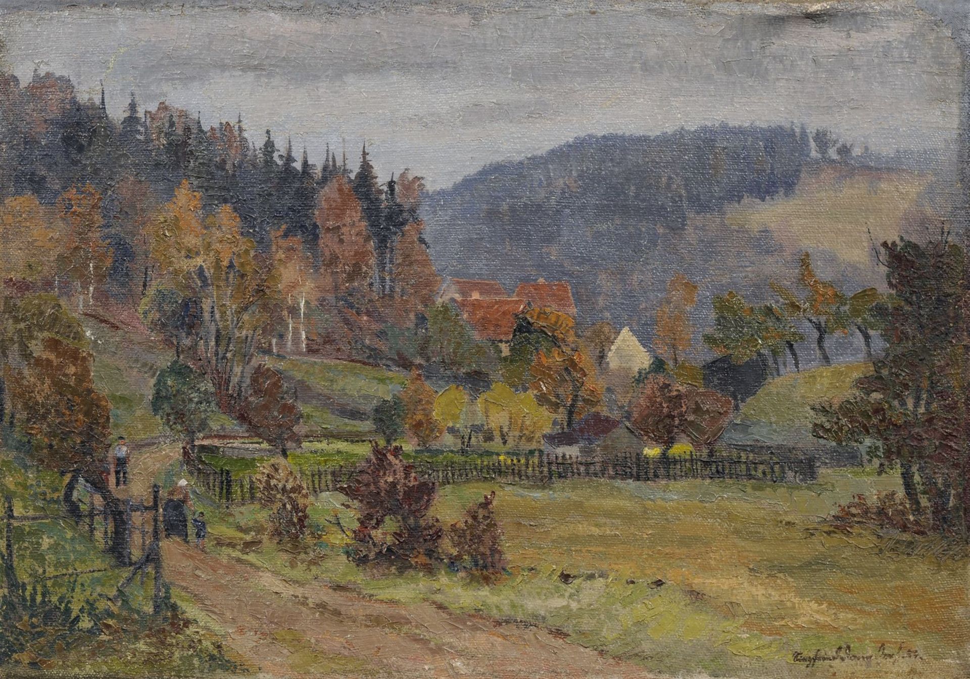 Siegfried Donndorf, Landschaft im Erzgebirge. 1954. Öl auf Rupfen. Signiert "Siegfried Donndorf" und