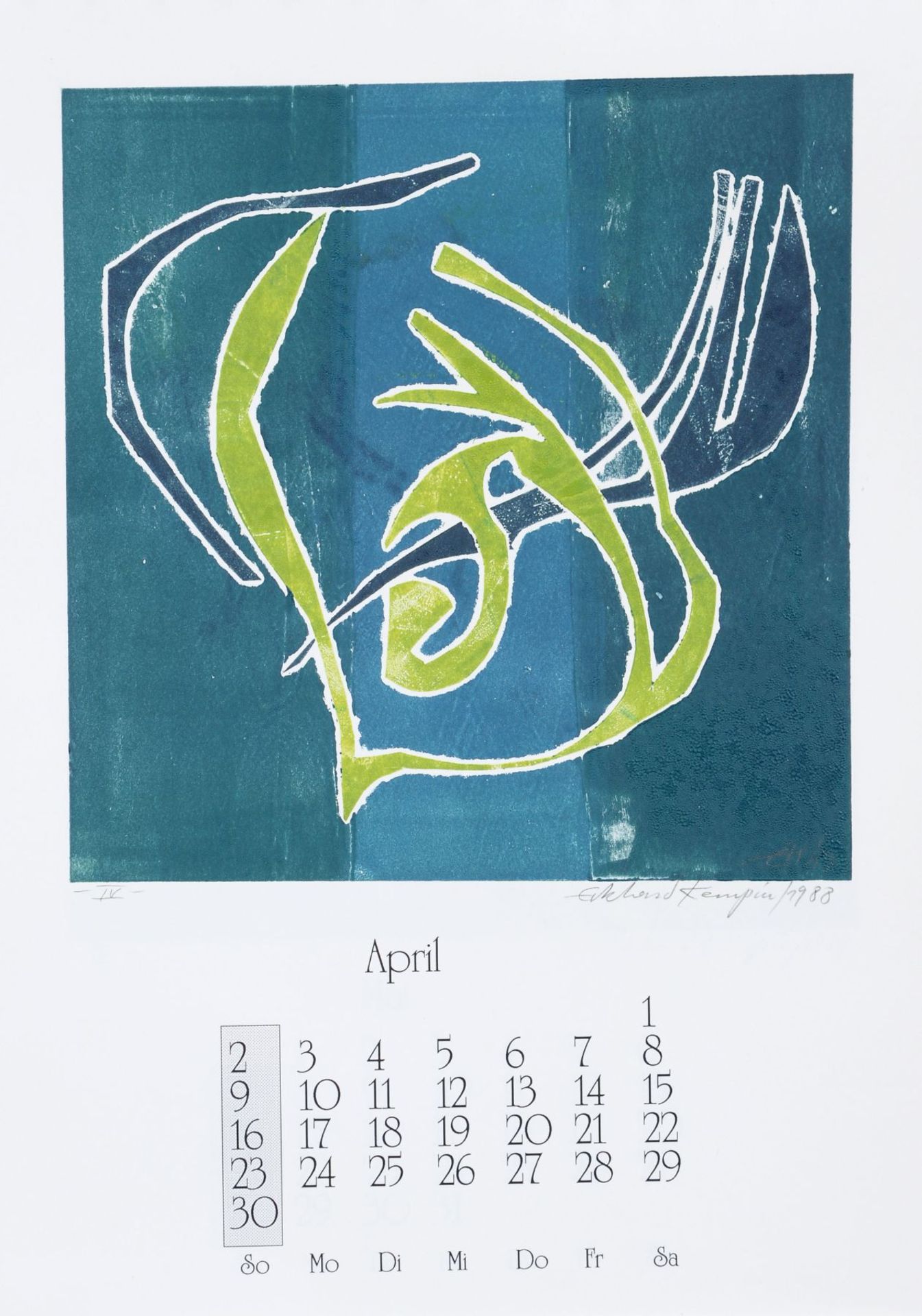 Eckhard Kempin "Grafik". 1989. Künstlerkalender mit 12 Farbmonotypien und Kalendarium sowie einem - Bild 5 aus 13