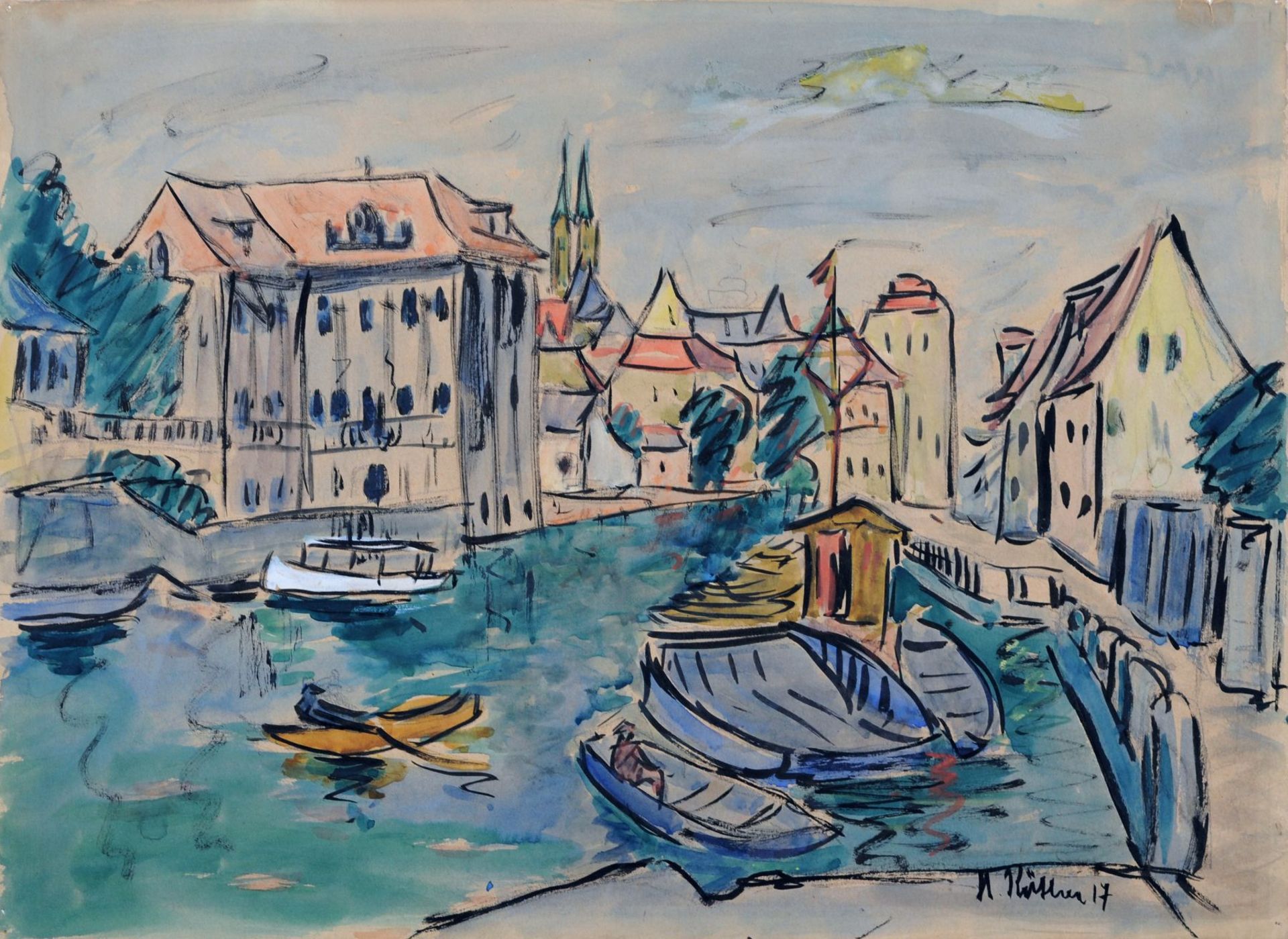 Hubert Rüther "Die Bootspartie" (Blick auf die Villa Concordia in Bamberg). 1917. Aquarell und