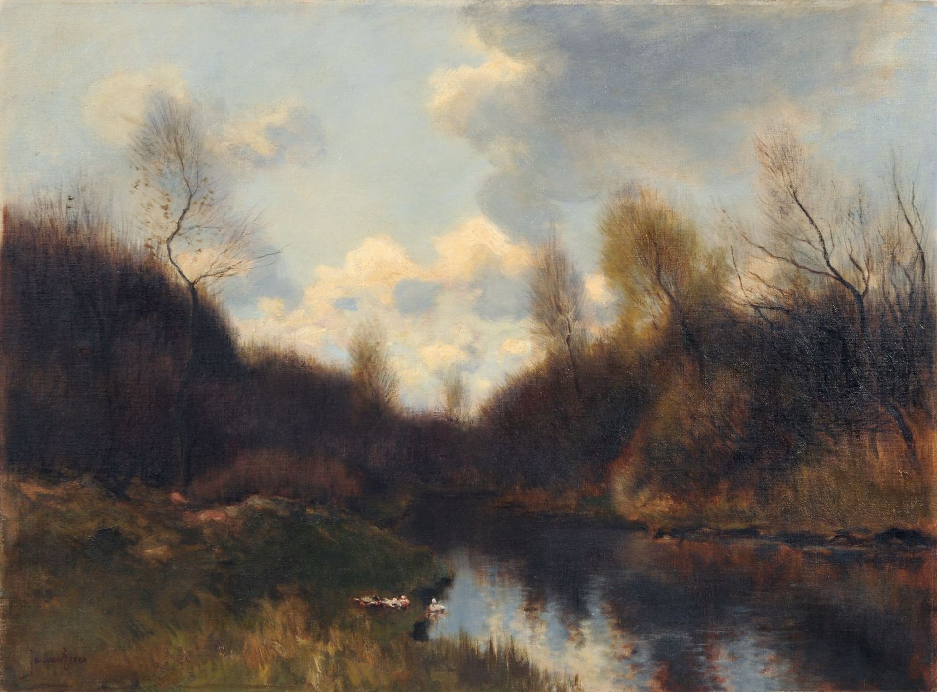 Johannes Cornelis van Essen, Herbstliche Flusslandschaft. Wohl 1880er Jahre. Öl auf Leinwand.