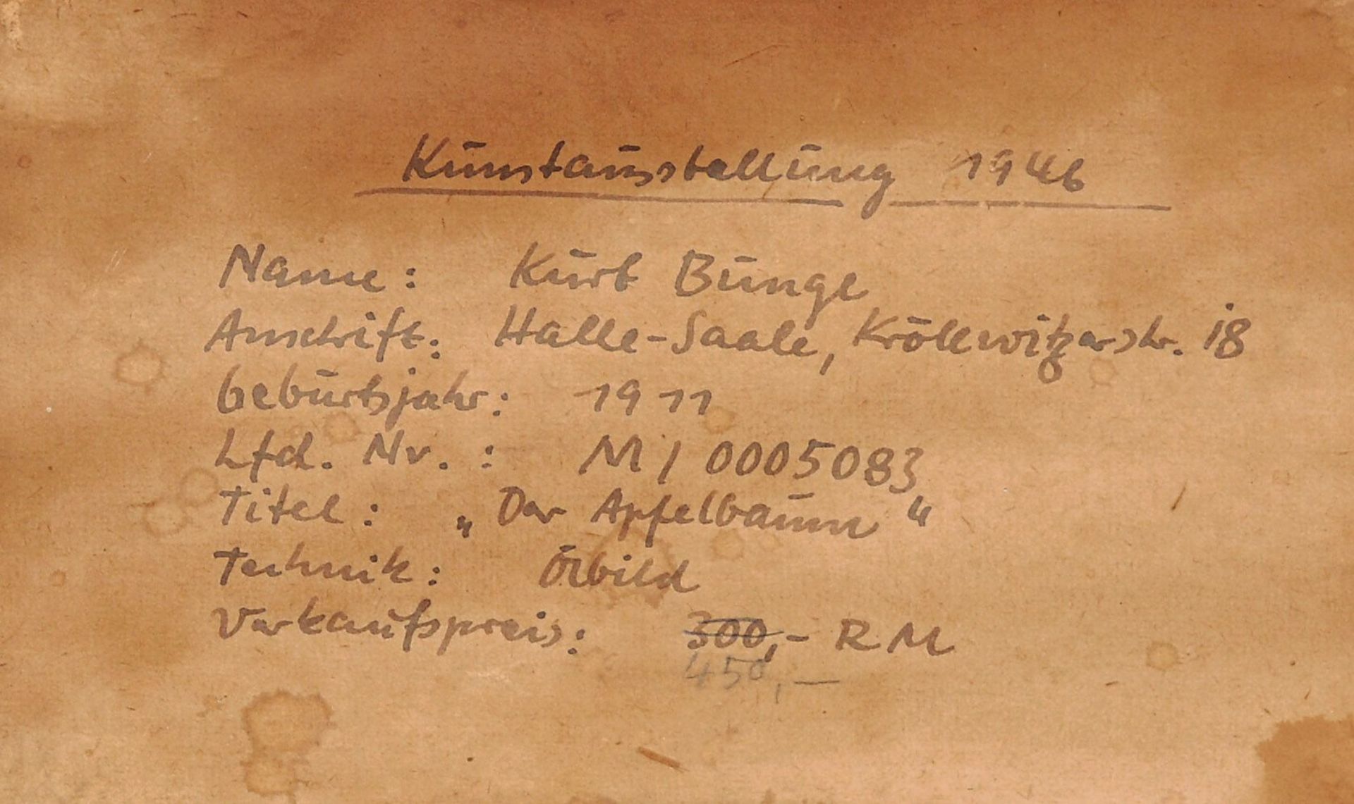 Kurt Bunge "Der Apfelbaum". Vor 1946. Öl auf Malpappe. Verso auf einem Klebeetikett in Tusche - Bild 4 aus 4