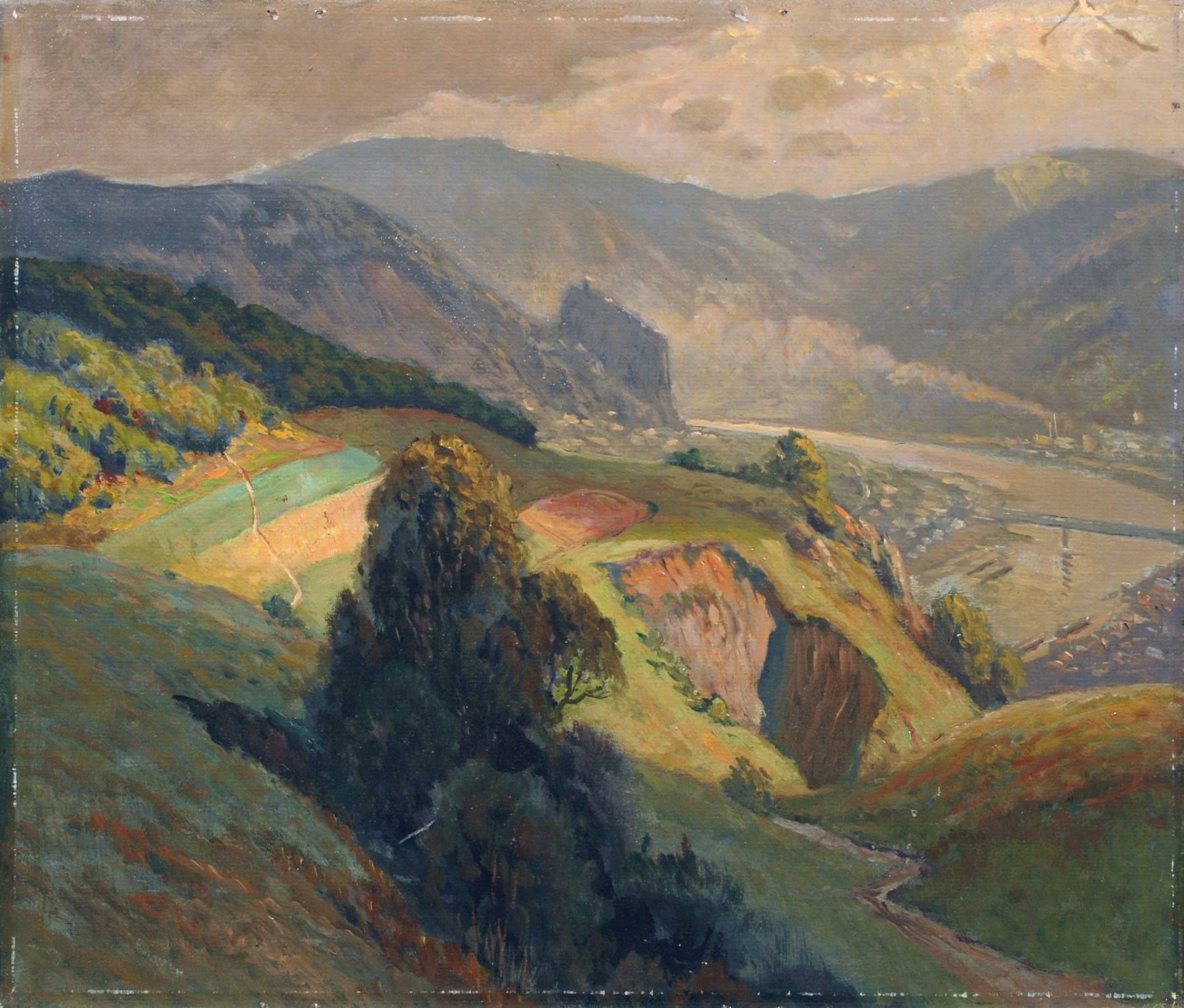 Karl Quarck, Blick auf den Schreckenstein bei Aussig. Vor 1923. Öl auf Malpappe. Unsigniert. Verso