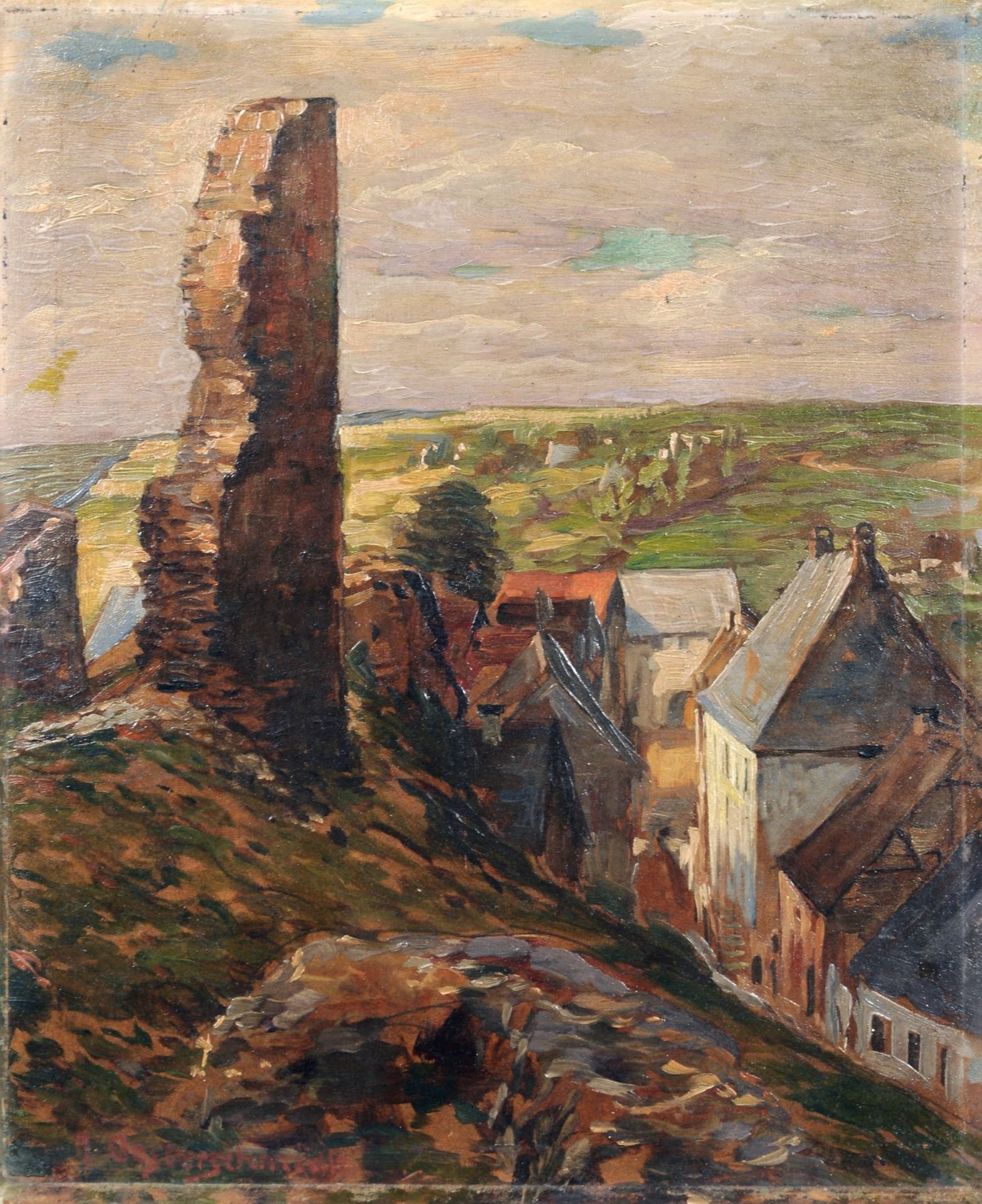 Heinrich Oesterschmidt, Blick von der Burgruine Frauenstein (?). 1. Viertel 20. Jh. Öl auf Malpappe.