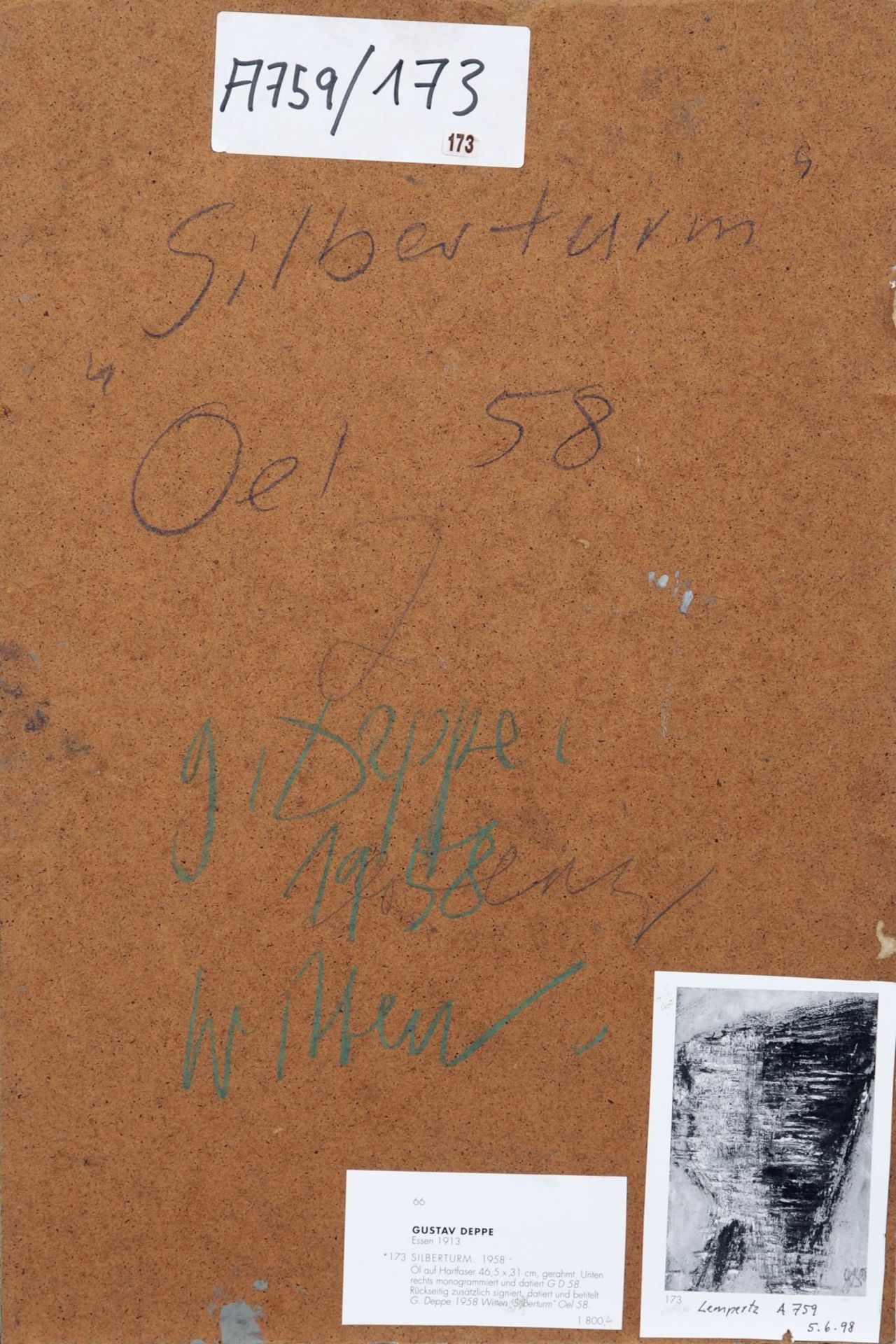 Gustav Deppe "Silberturm". 1958. Öl auf Leinwand, auf Hartfaser aufgezogen. Monogrammiert "GD" und - Bild 5 aus 5