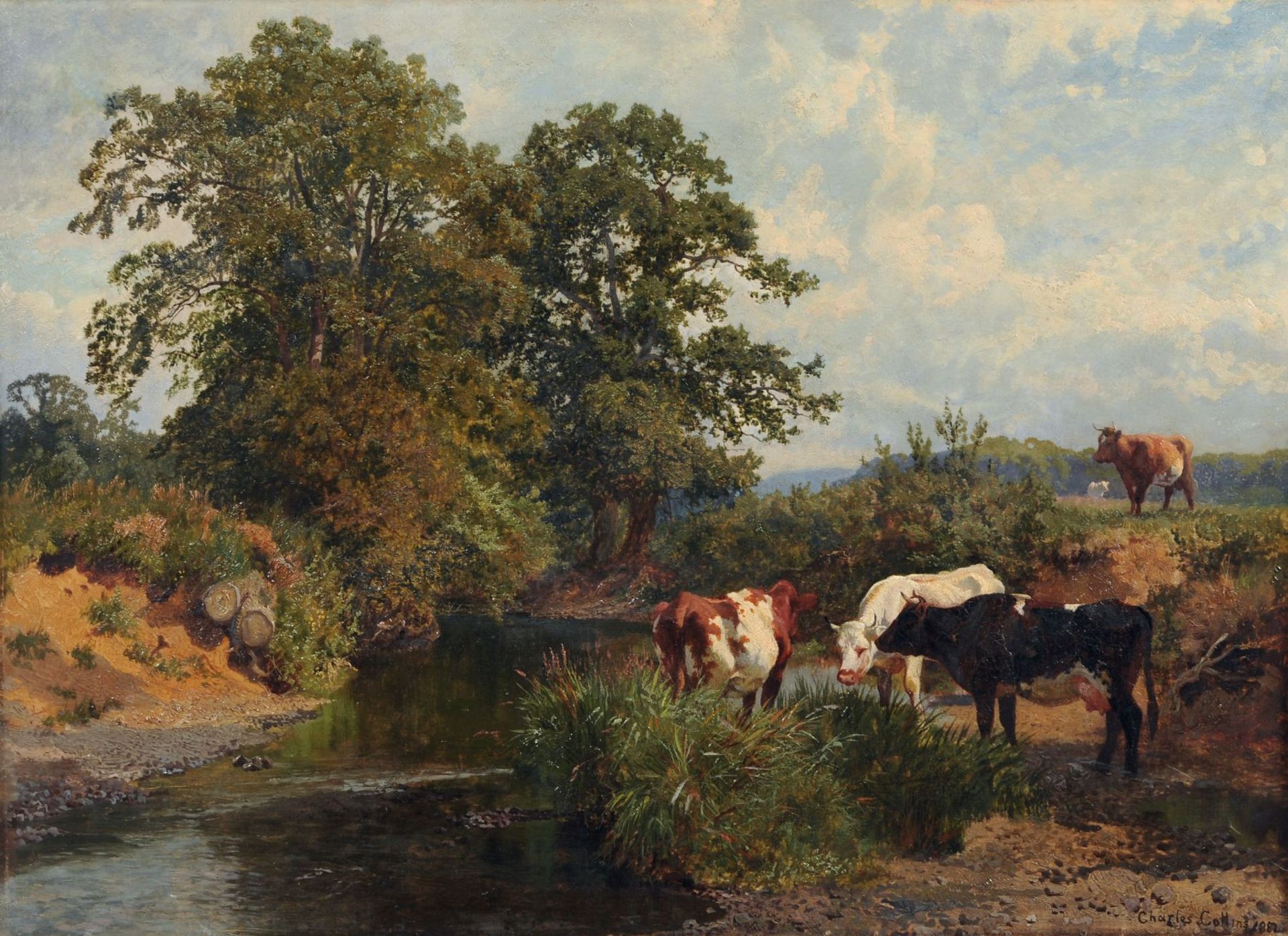 Charles II Collins, Rastende Kühe am sommerlichen Flusslauf. 1882. Öl auf Leinwand. Signiert "