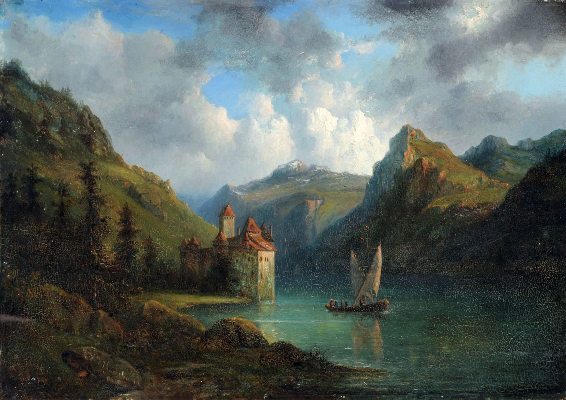 Jacobus H. J. Nooteboom, Alpenlandschaft mit See und Burg. Mitte 19. Jh. Öl auf Holz. Auf dem