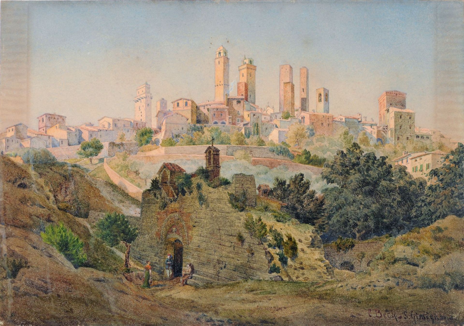 C. W. Georg Beck, Ansicht von San Gimignano. 19. Jh. Aquarell auf bräunlichem Papier, partiell
