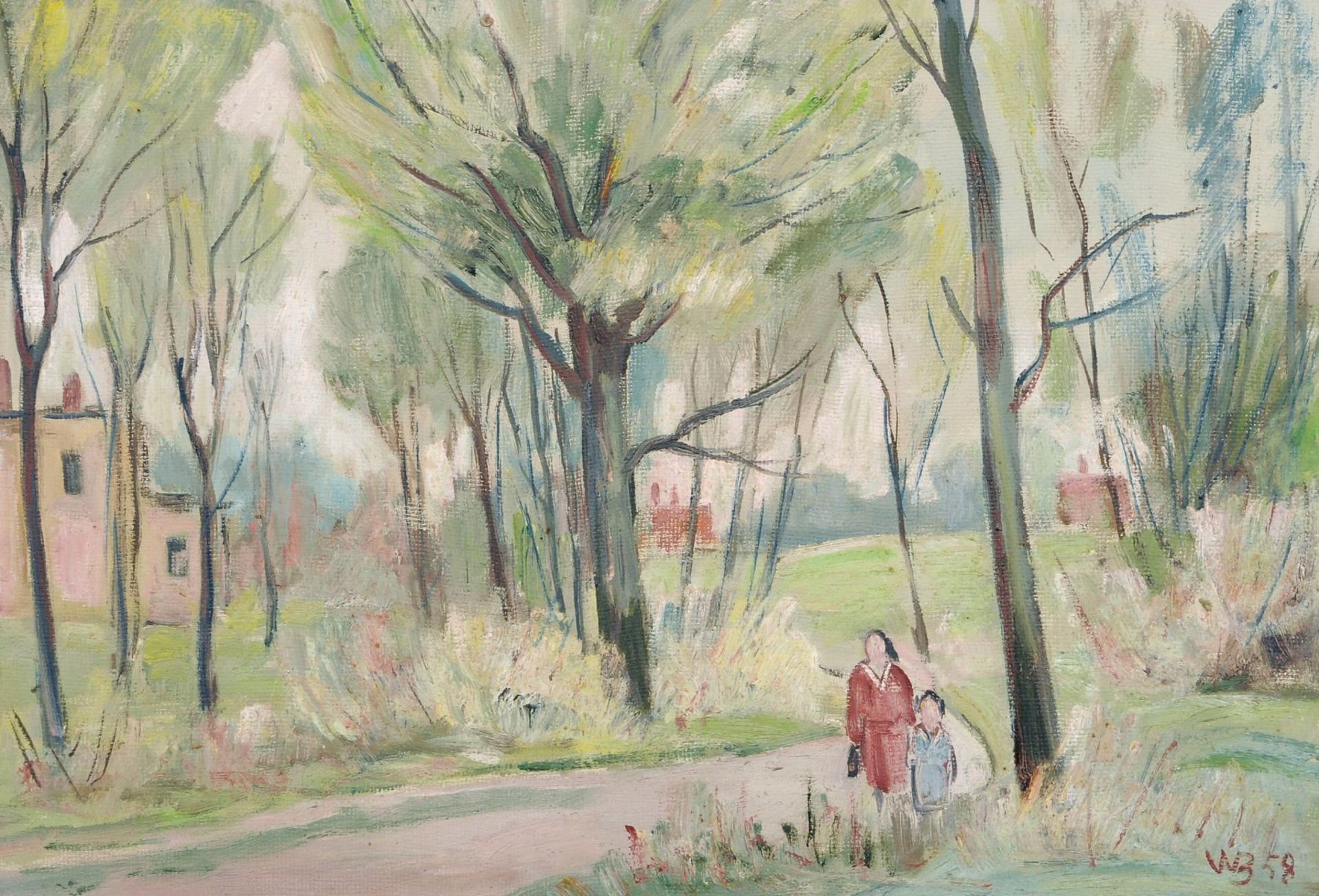 Walter Bodenthal, Frühling im Park / "Alte Landstraße mit Obstbäumen". 1958 /1959. Öl auf