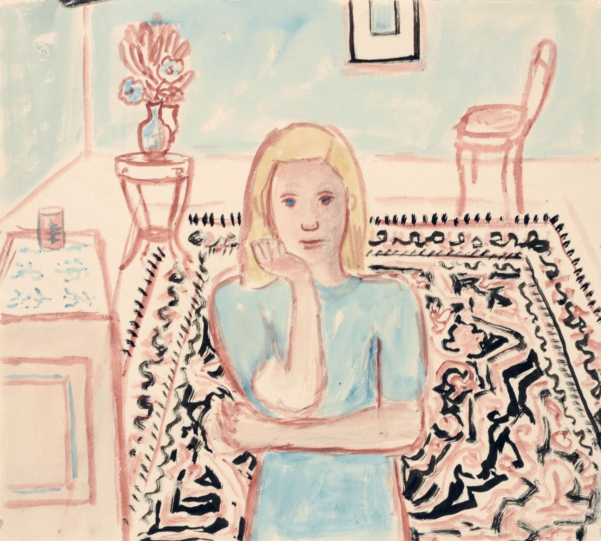 Elisabeth Ahnert, Interieur mit Mädchen, den Arm aufgestützt. Wohl späte 1950er Jahre. Aquarell