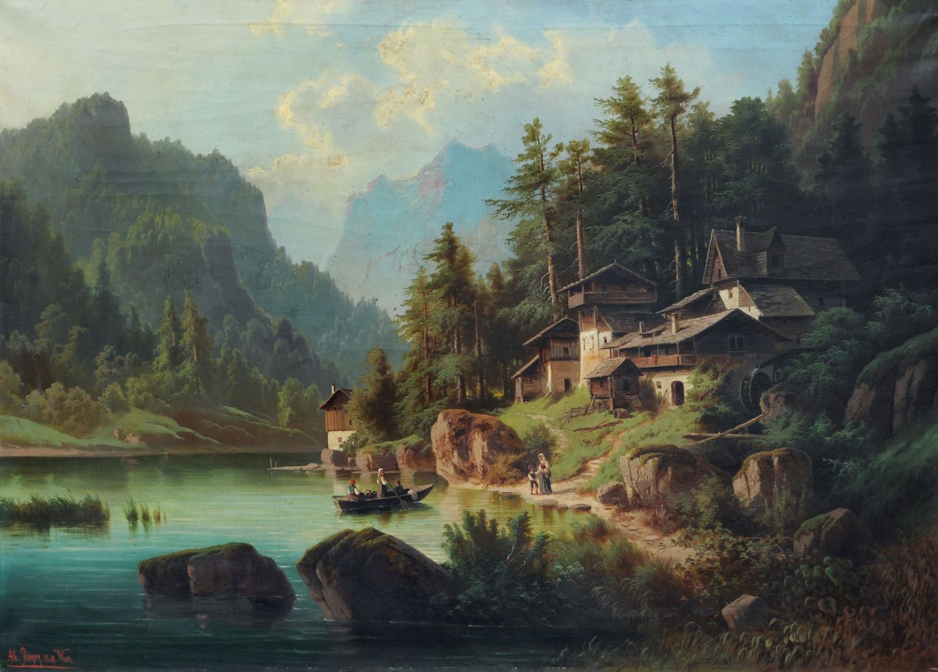Albert Rieger d.Ä., Pragser Wildsee in Südtirol. 1869. Öl auf Leinwand. Signiert "Alb. Rieger",