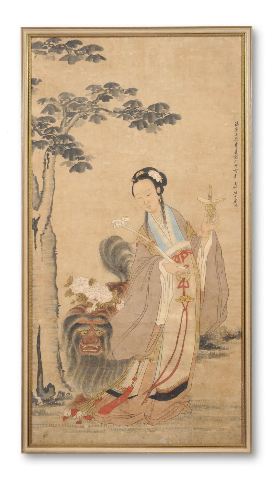 Großes Rollbild "Darstellung einer Himmelsfee mit mythischem Löwen". China. Wohl 18. Jh. Tusche,