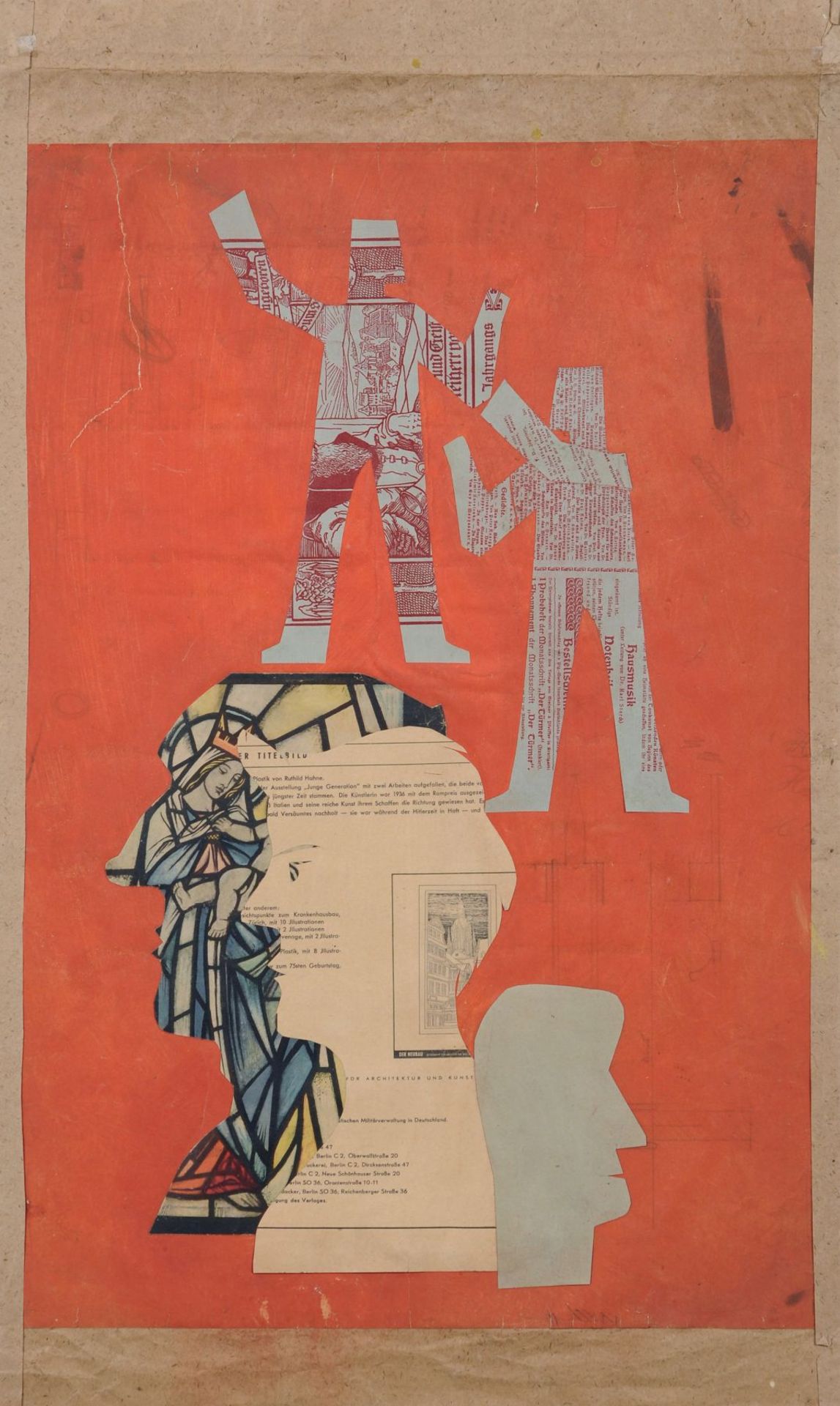 Hermann Glöckner "Zwei Gestalten und drei Köpfe auf rotem Grund". 1956. Collage (verschiedene