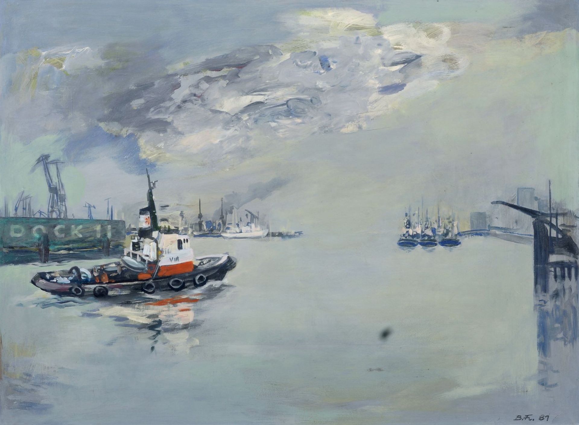Bernhard Franke "Hafenbild" (Hamburger Hafen - Dock 11). 1981. Öl auf Papier, auf Hartfaserplatte