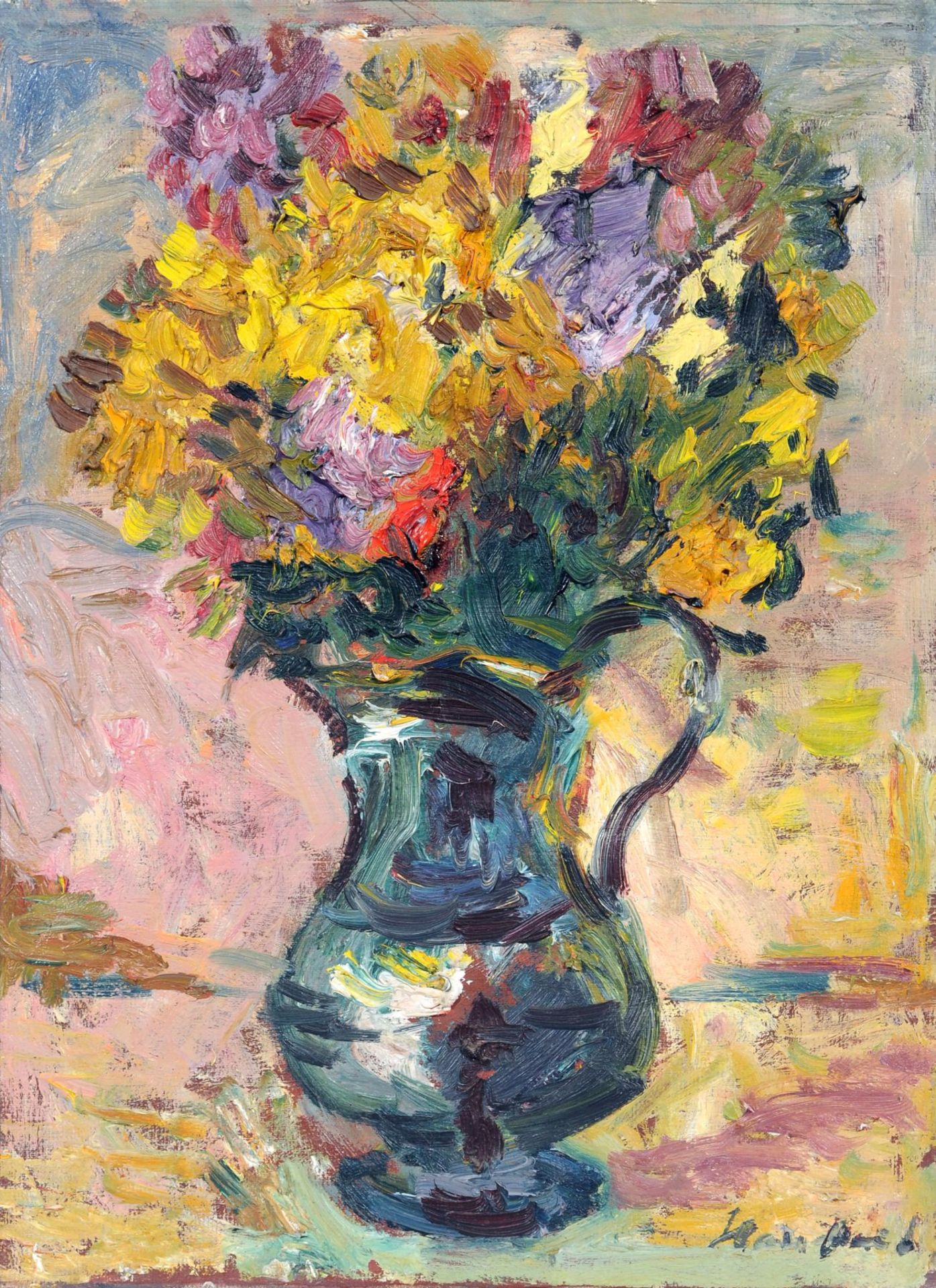 Ernst Hassebrauk "Stilleben" (Sommerblumenstrauß in Vase). Wohl 1940er Jahre. Öl auf Leinwand.