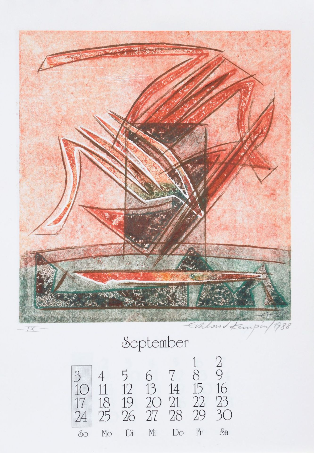 Eckhard Kempin "Grafik". 1989. Künstlerkalender mit 12 Farbmonotypien und Kalendarium sowie einem - Bild 10 aus 13