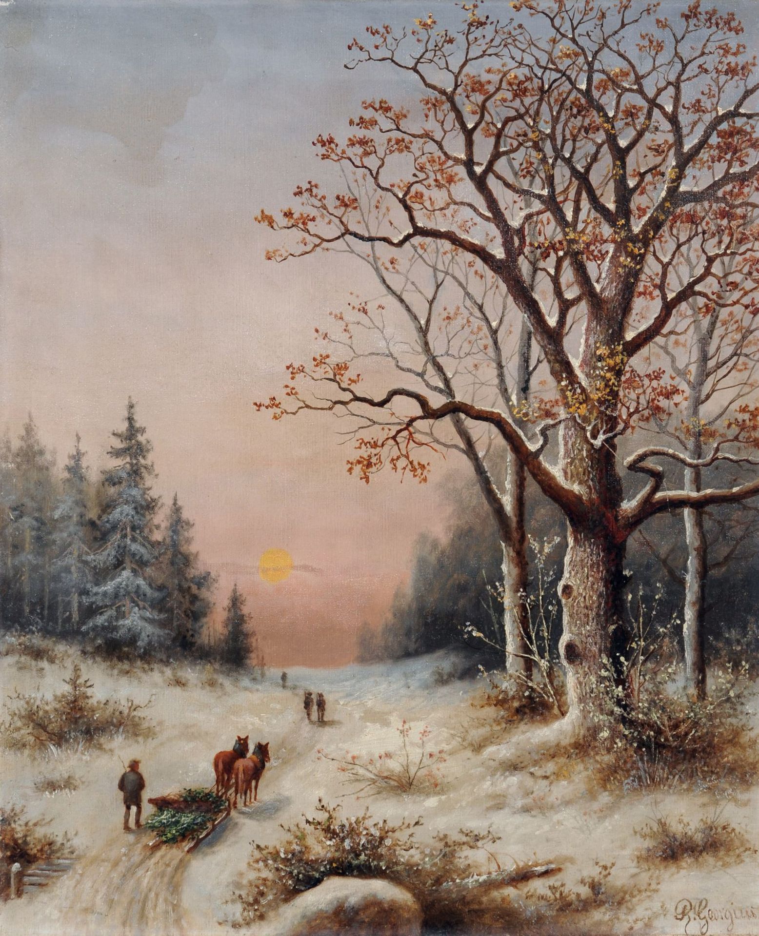 Robert Georgius, Heimkehrende Holzfäller im Winterwald. Um 1900. Öl auf Leinwand. Signiert "R.