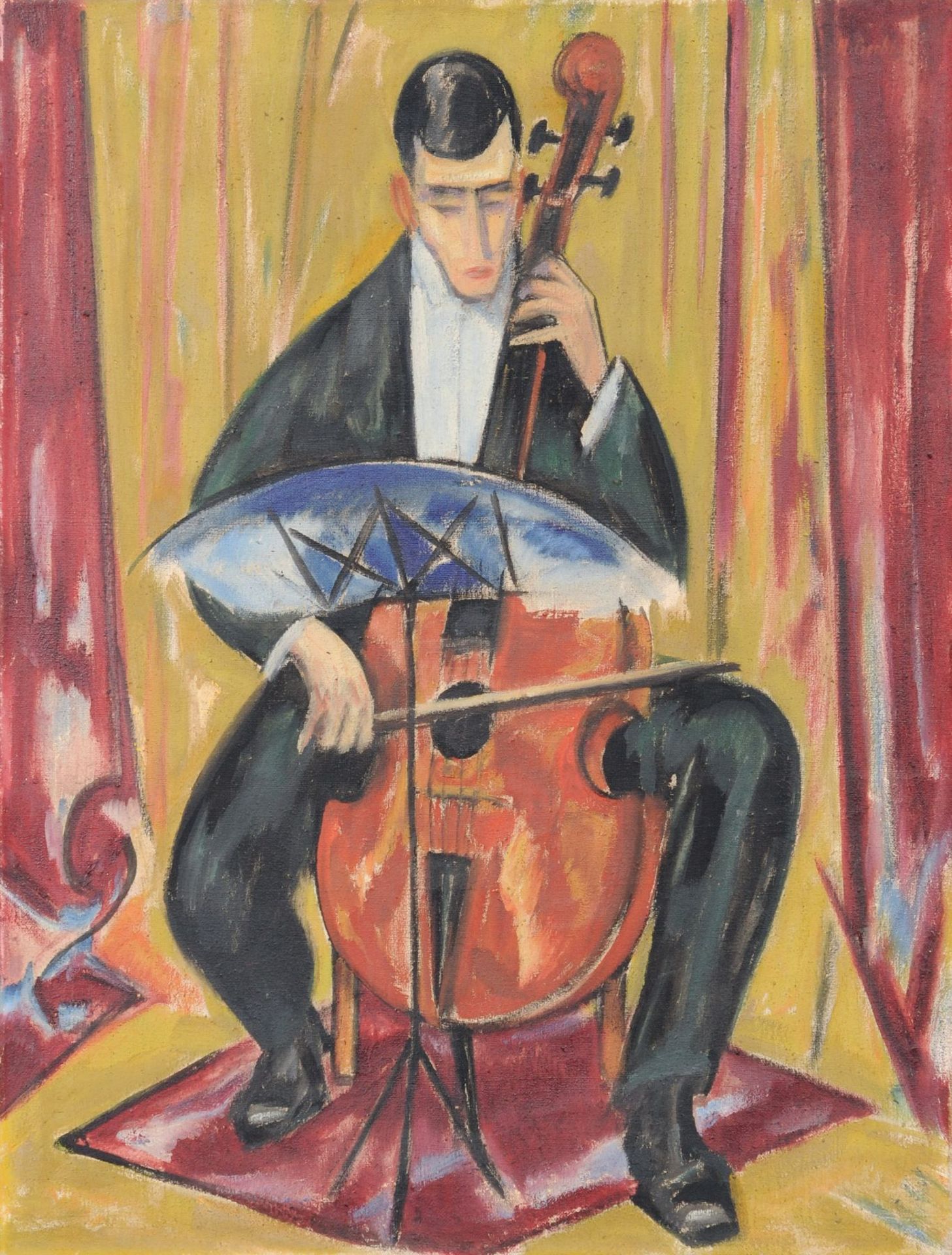 Alexander Gerbig "Der Cellist". Wohl um 1913. Öl auf Rupfen. Signiert "A. Gerbig" o.re. Verso wohl