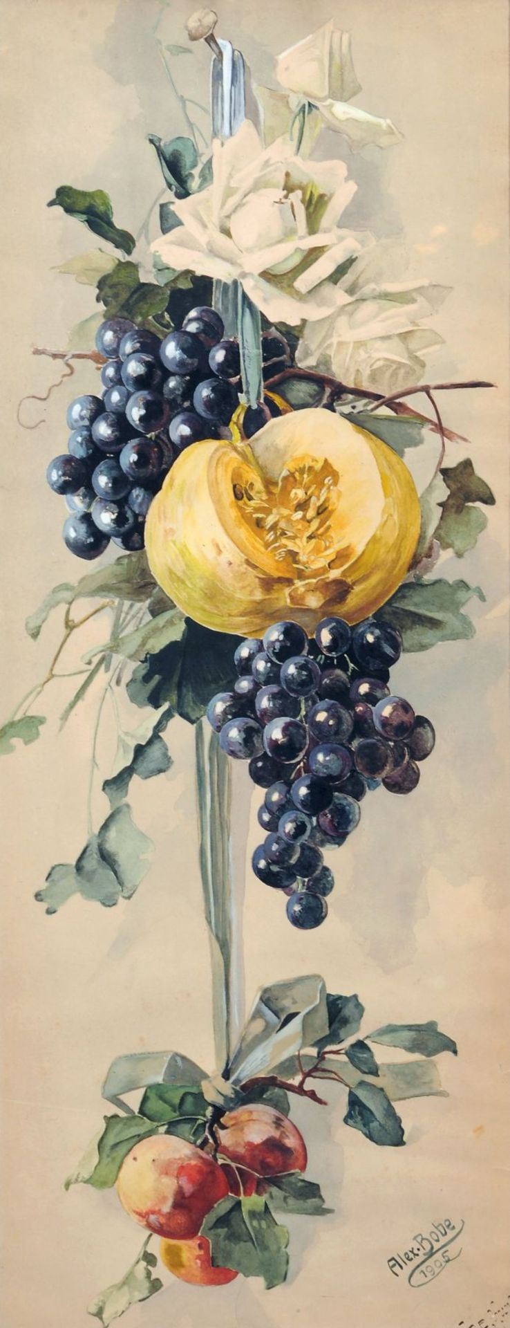 Otto Alexander Bobe, Fruchtgehänge mit weißen Rosen, Kürbis, Weinreben und Pfirsichen. 1905.