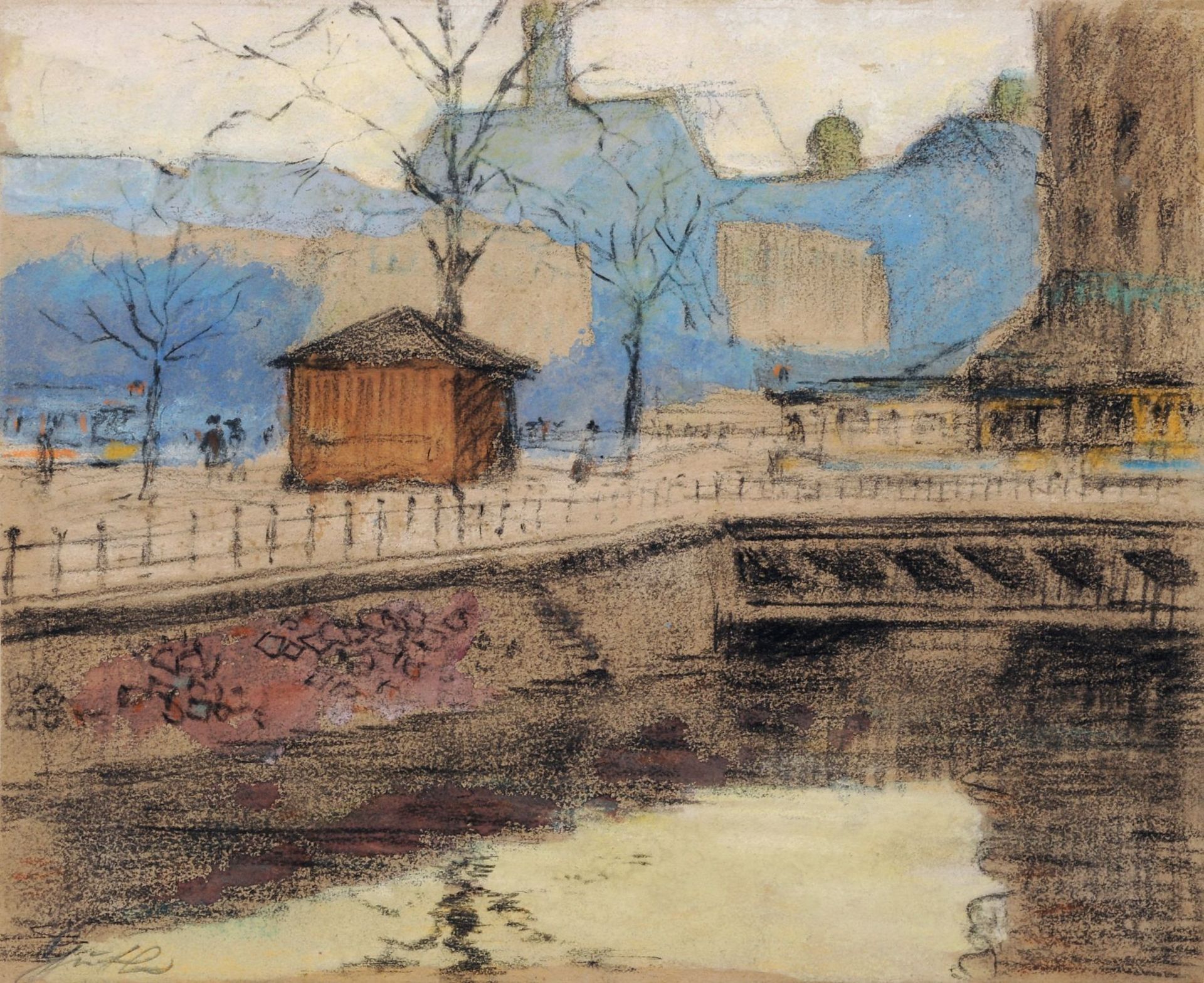 Otto Guth "Am Kanal (in Leipzig)". 1. H. 20. Jh. Kohlestiftzeichnung, farbige Pastellkreiden und