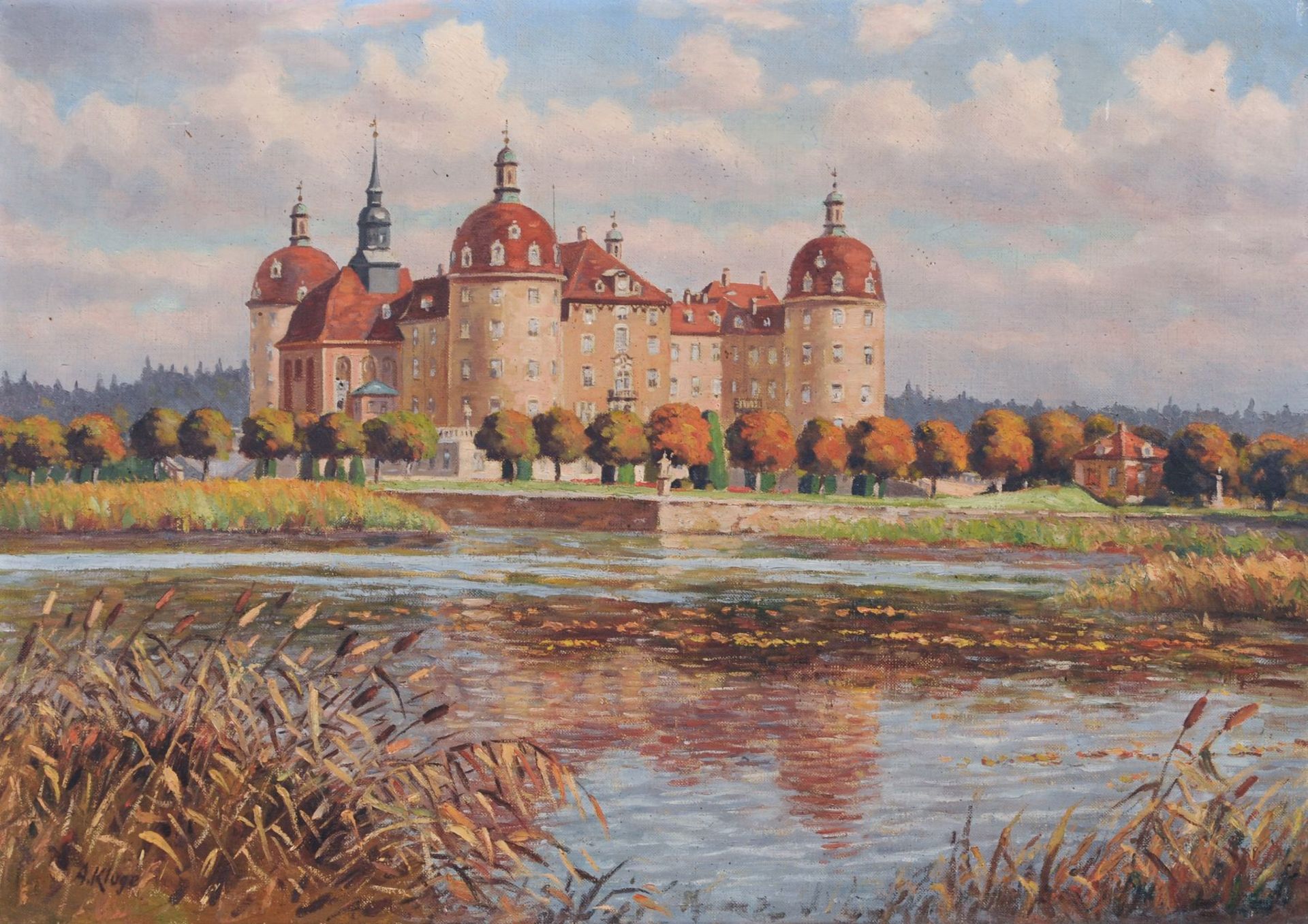 Adolf (?) Kluge, Ansicht von Schloss Moritzburg. 20. Jh. Öl auf Leinwand. Signiert "A. Kluge" u.