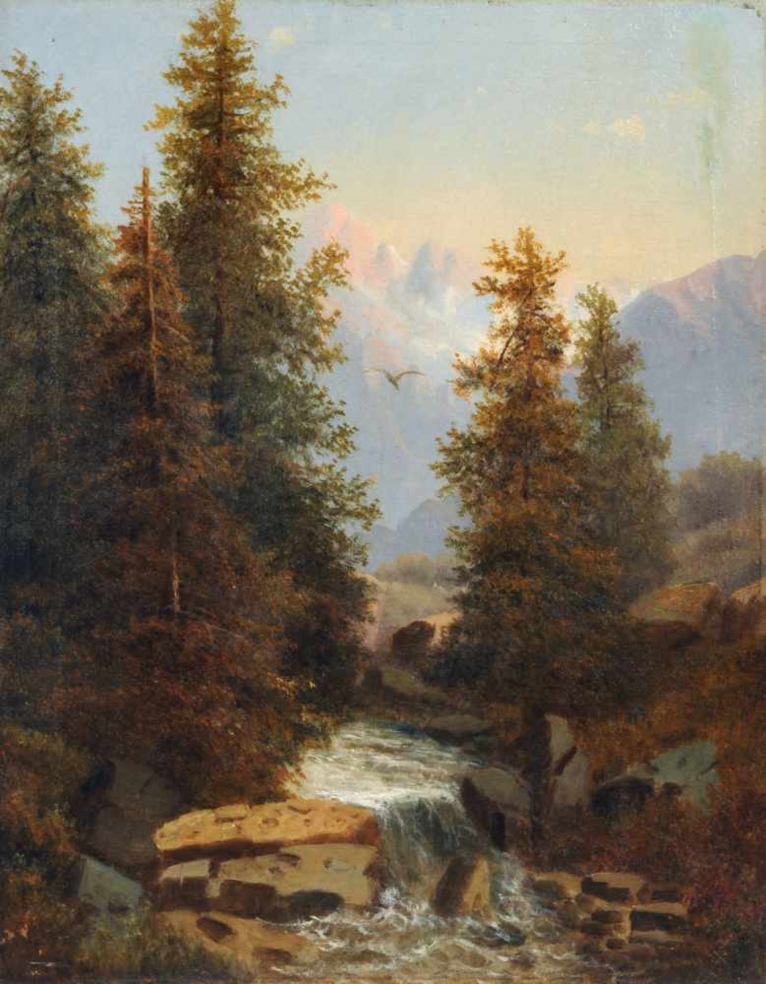 August Lang, Blick auf ein Schweizer Bergmassiv. 2. H. 19. Jh. Öl auf Leinwand. Schwer lesbar