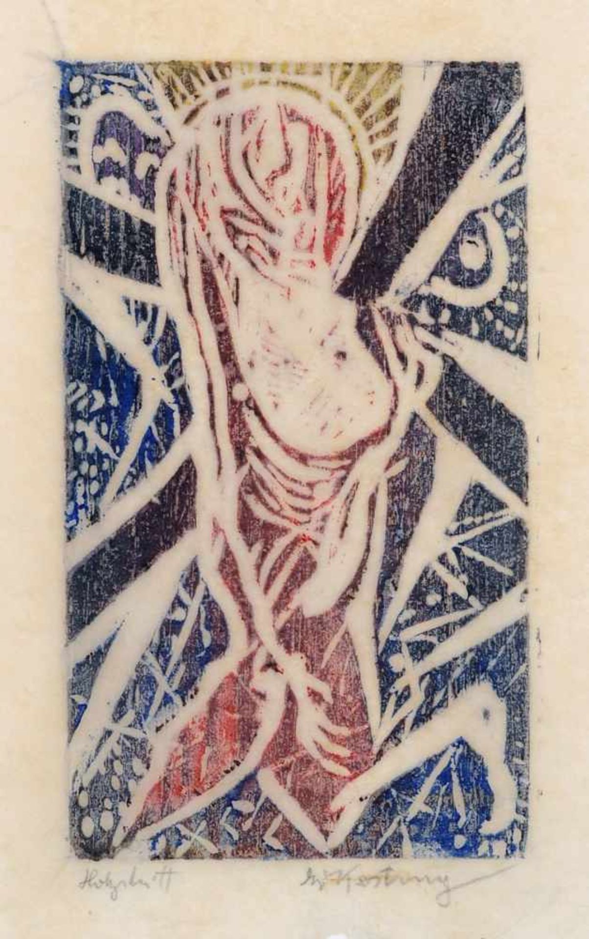 Edmund Kesting "Christus mit Kreuz". 1920. Farbholzschnitt auf hauchdünnem China. Unterhalb der