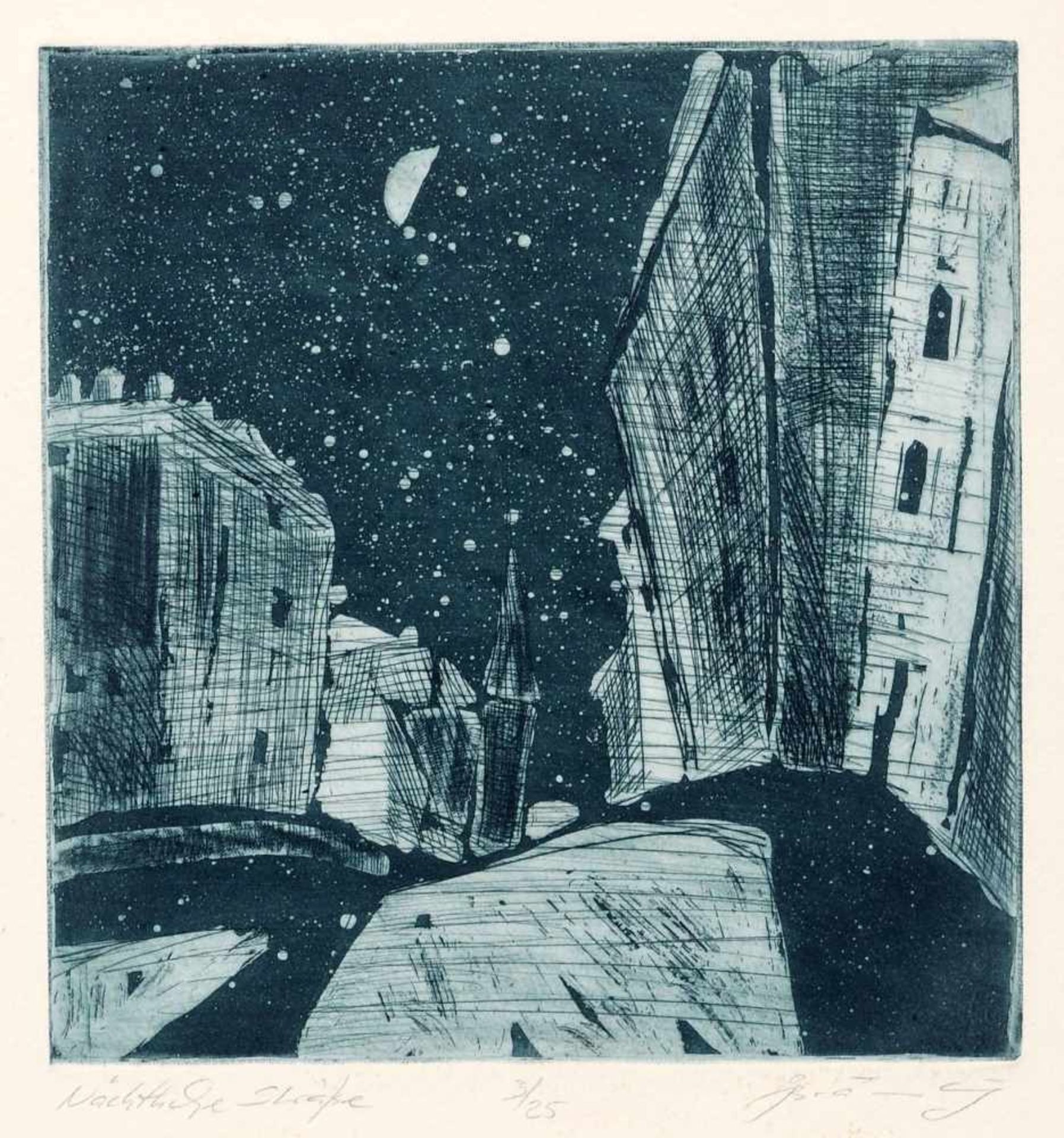 Gottfried Bräunling "Nächtliche Straße" / "Einsam" / Felsen bei Nacht. 1970er Jahre. Farbradierungen - Bild 2 aus 3