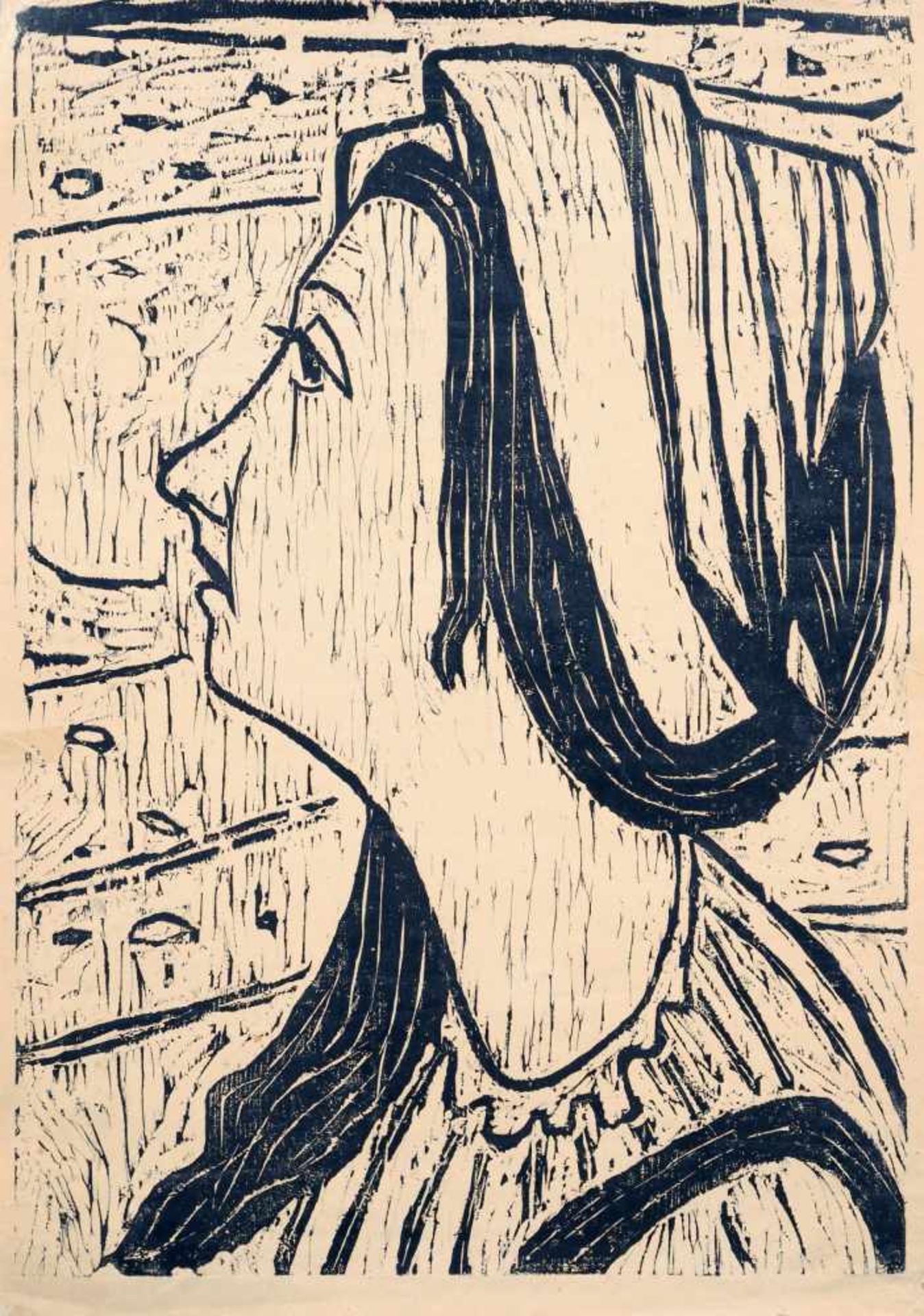 Ulrich Knispel "Pauline". 1949. Holzschnitt auf beigefarbenem, dünnen Papier. Verso am u. Rand in