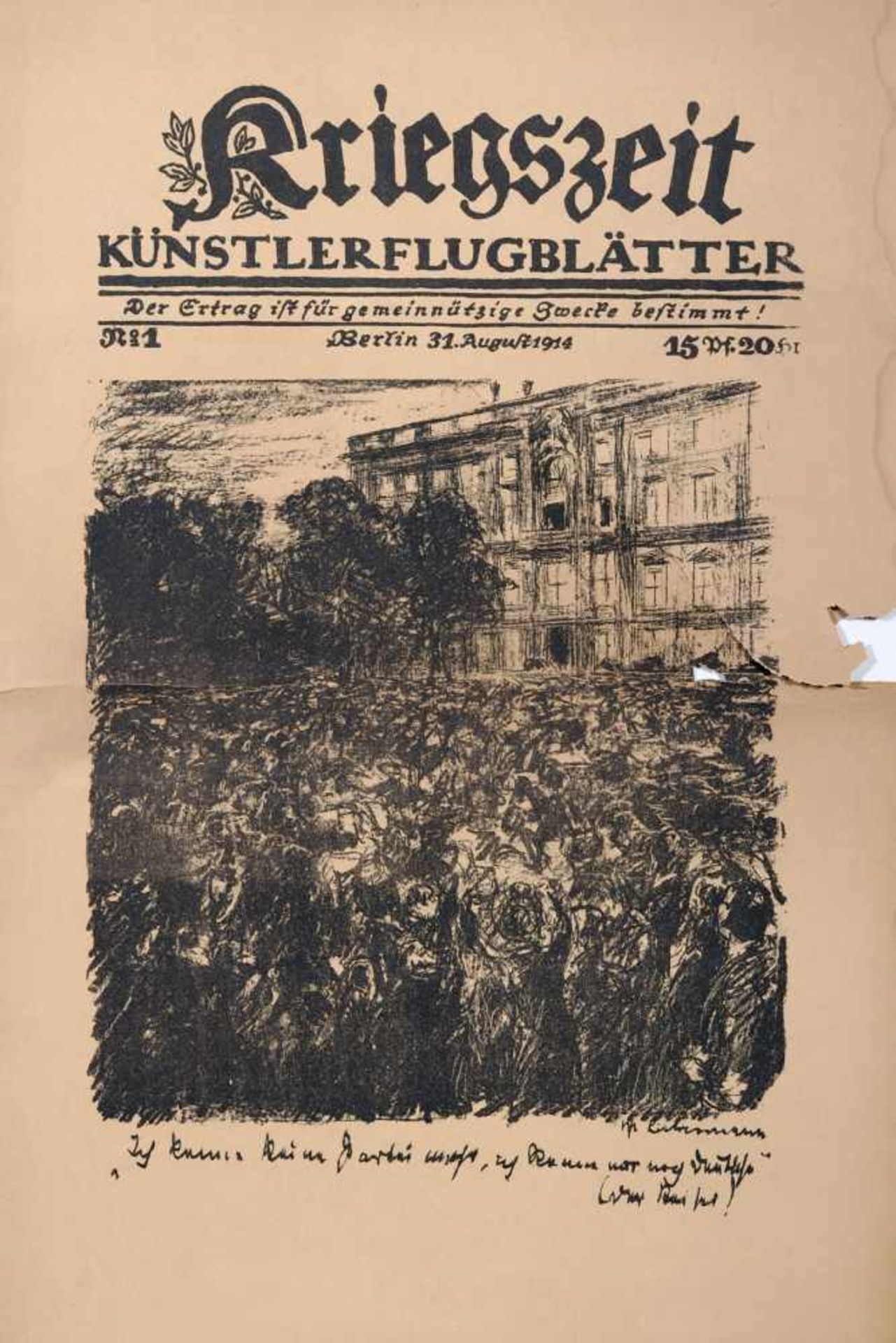 Verschiedene Künstler, Paul Cassirer (Hrsg.) "Kriegszeit" Heft No. 1 , 31. August. 1914.