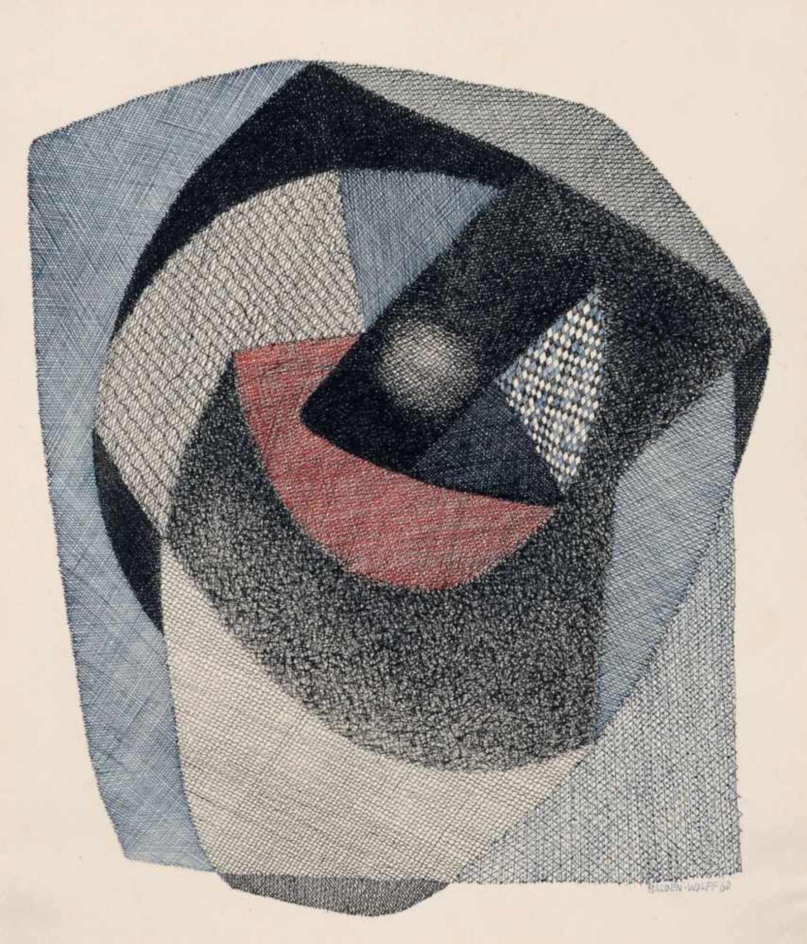 Annemarie Balden-Wolff, Komposition in Schwarz, Blau und Rot. 1960. Federzeichnung in Tusche,