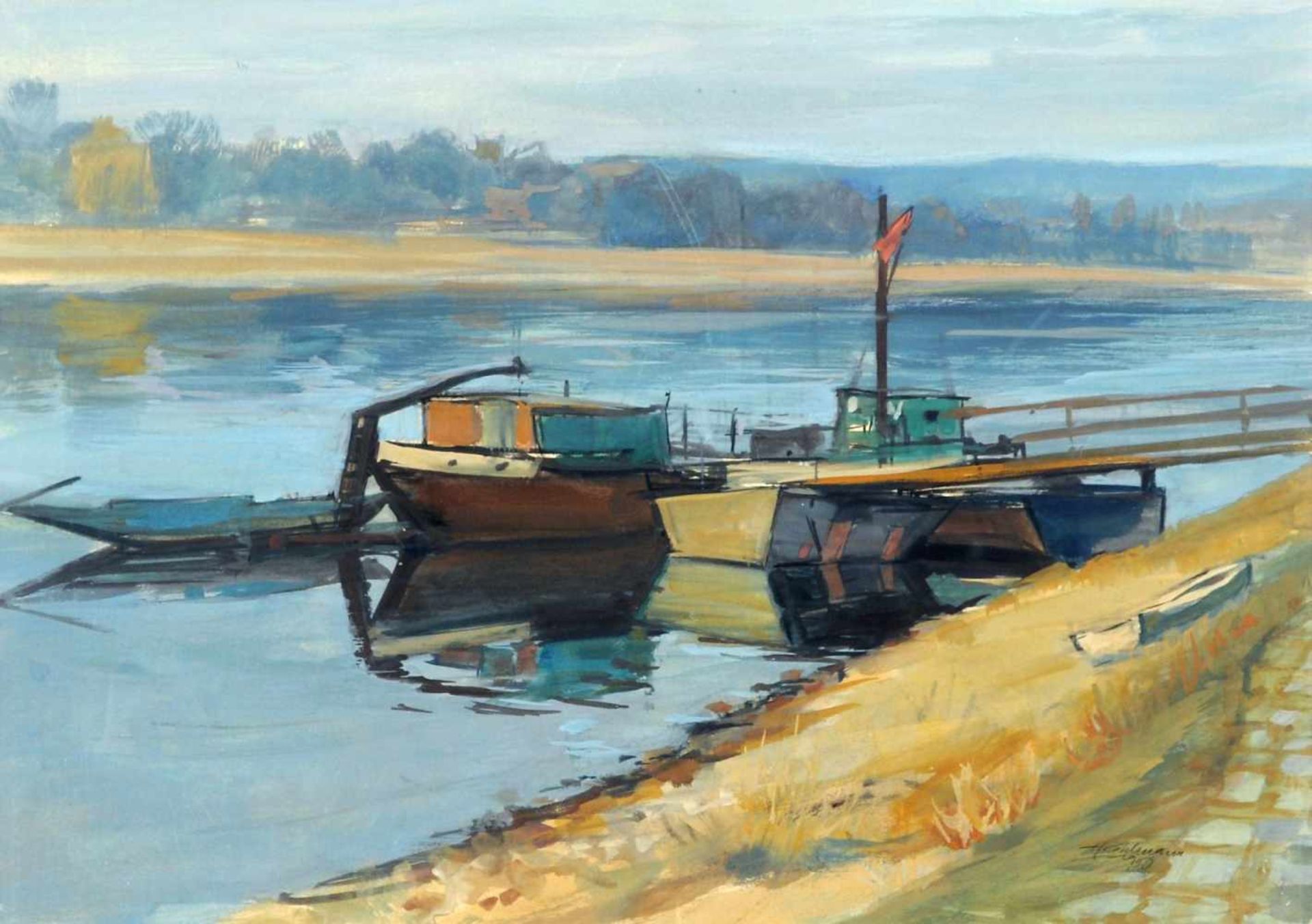 Hermann Kohlmann, Elbe mit Bootsanleger. 1950. Gouache auf kräftigem Velin. In Blei ligiert signiert