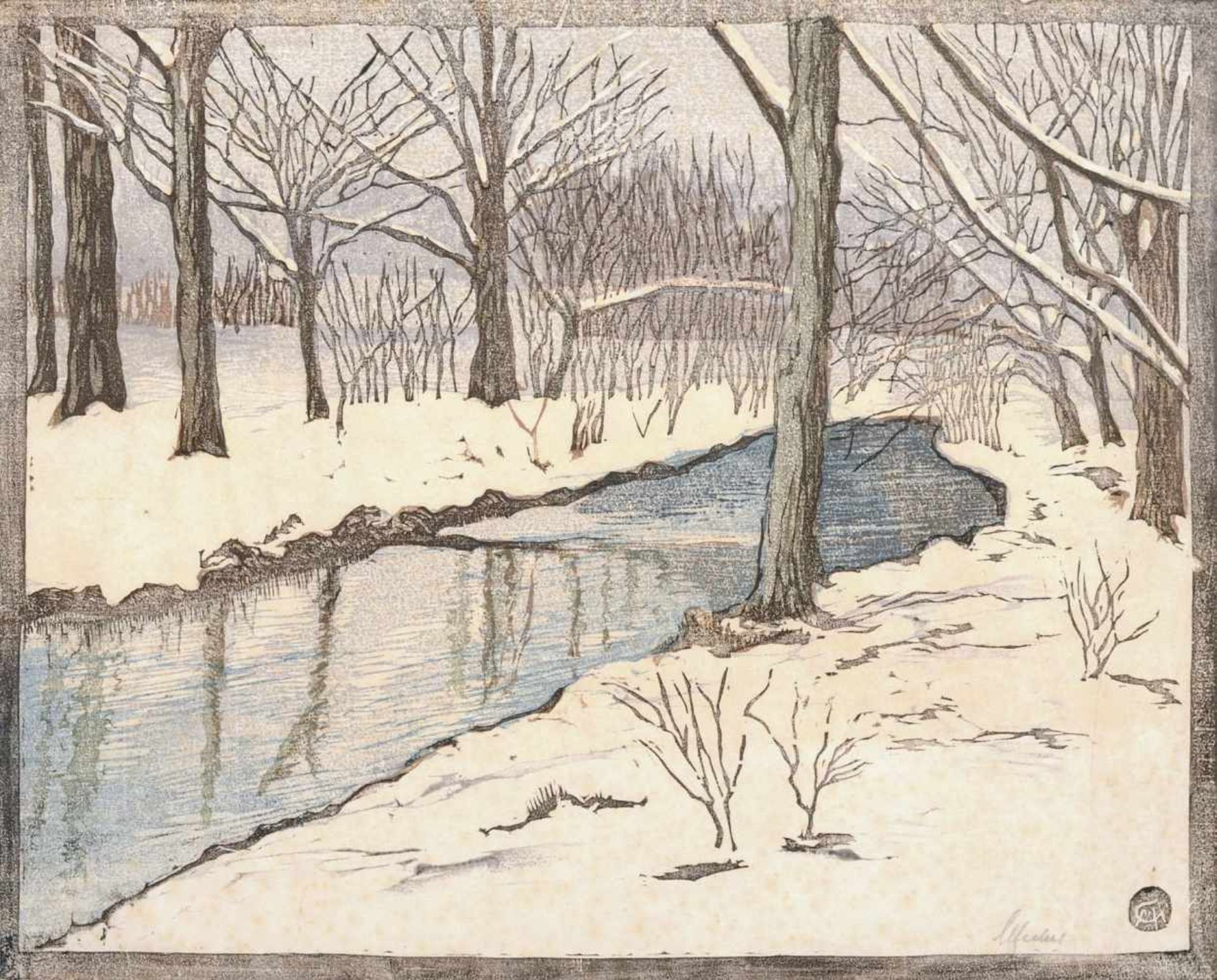 Margarete Geibel, Winterliche Flusslandschaft / Verschneite Waldlandschaft. Um 1915. - Bild 2 aus 2