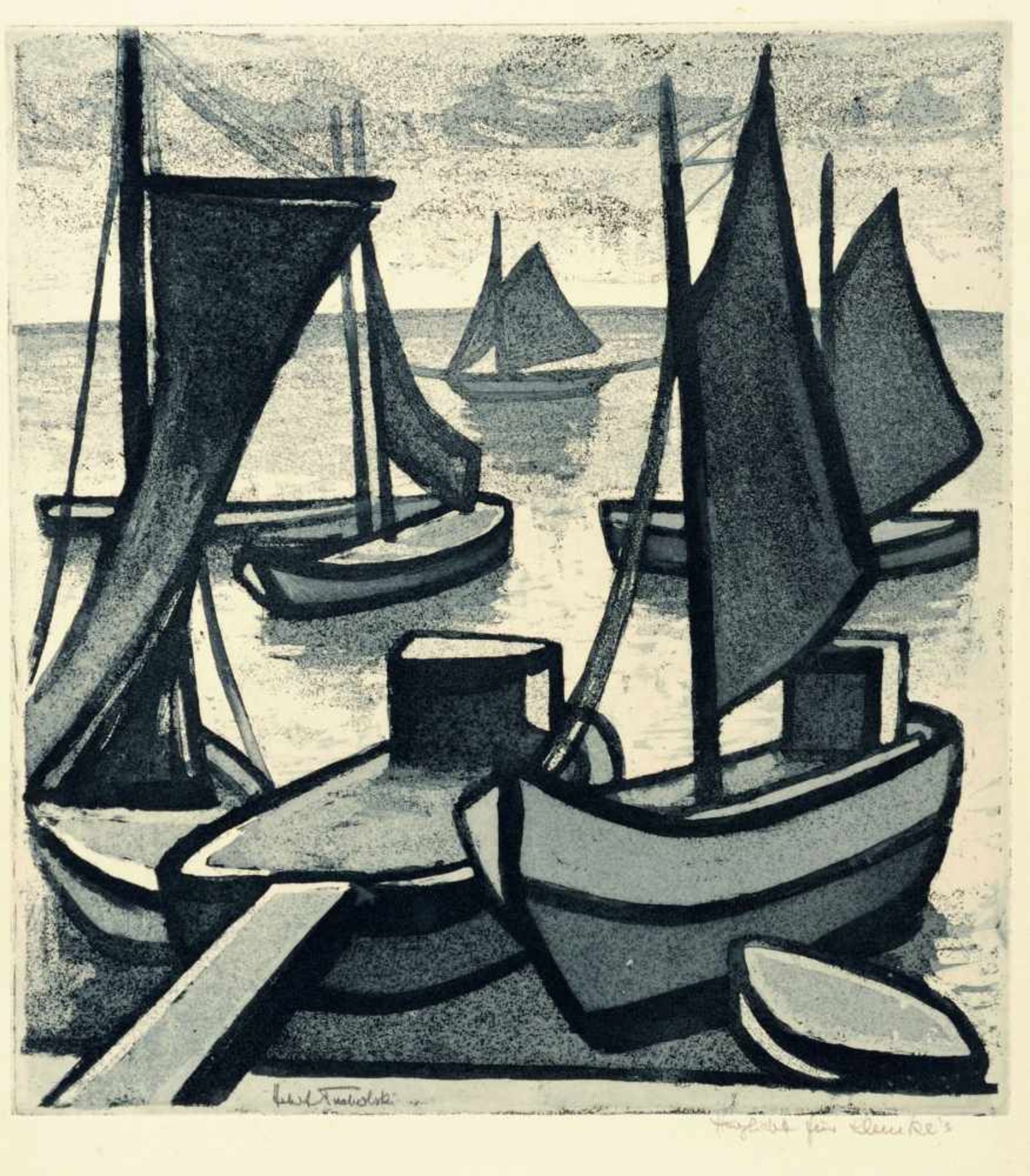 Herbert Tucholski "Fischerboote vor Rügen". 1964. Radierung mit Reservage und Aquatinta auf