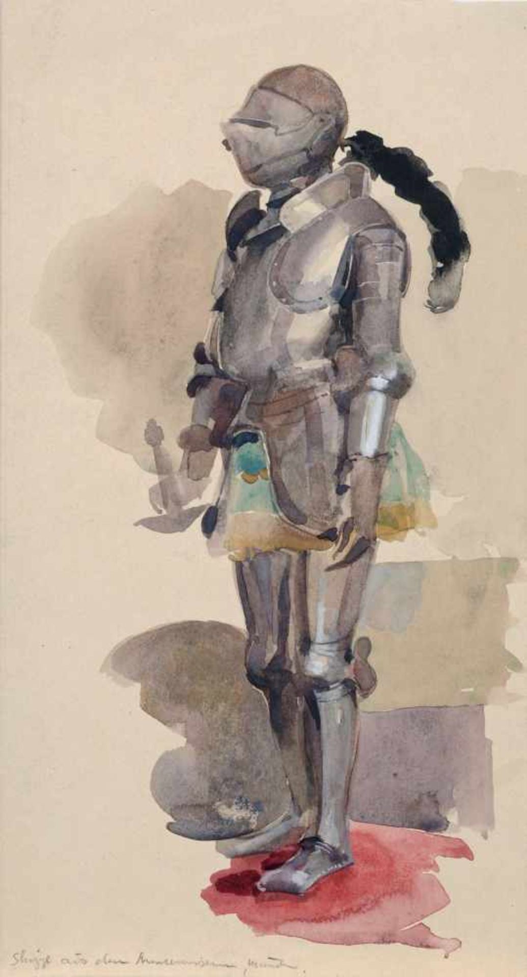 Heinrich Kley "Skizze aus dem Armeemuseum, München". Wohl um 1915. Aquarell auf festen Karton.