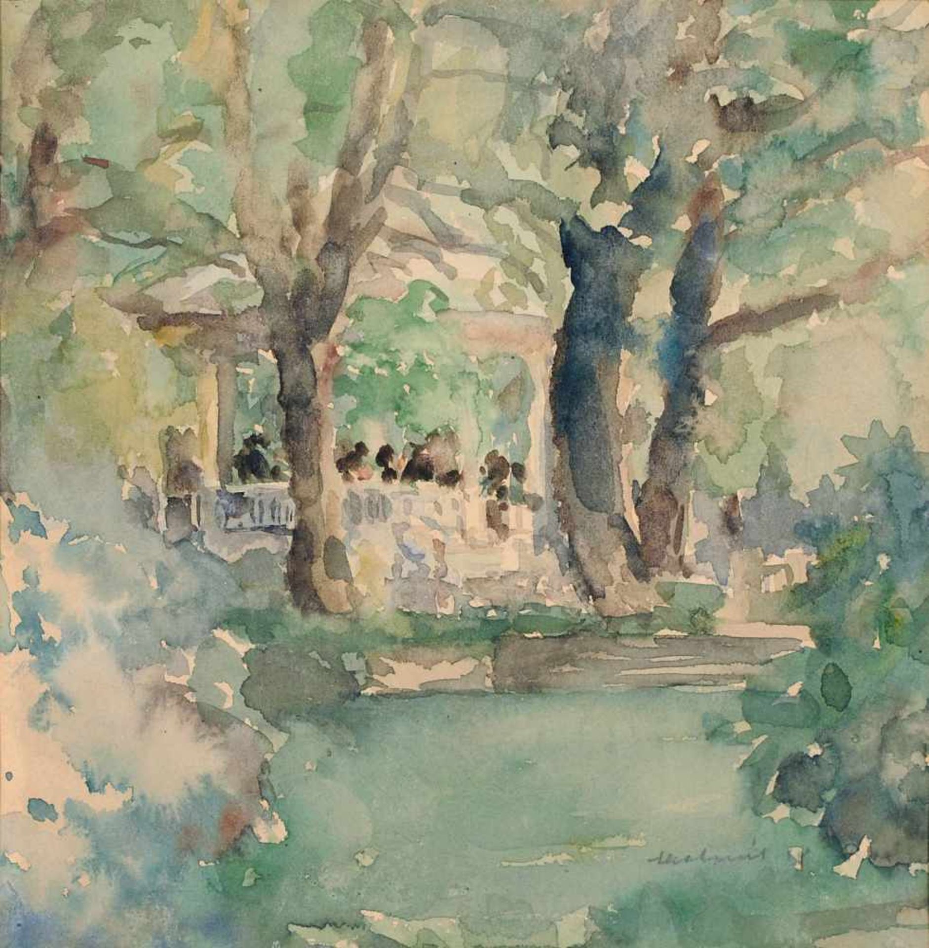 Wilhelm Lachnit, Sommeridylle im Pavillon. 1918. Aquarell auf festem Papier. In Blei signiert "