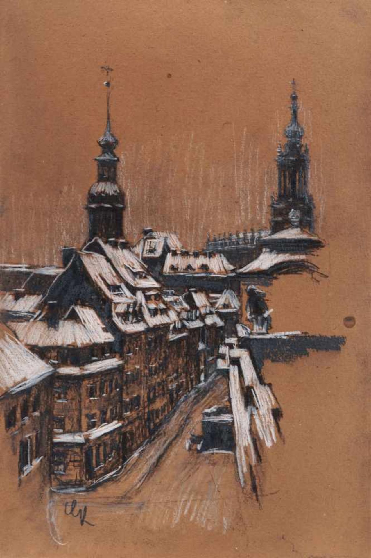 Gotthardt Kuehl, Blick aus Kuehls Atelier auf die Terrassengasse im Winter. Um 1900. Kohlezeichnung,