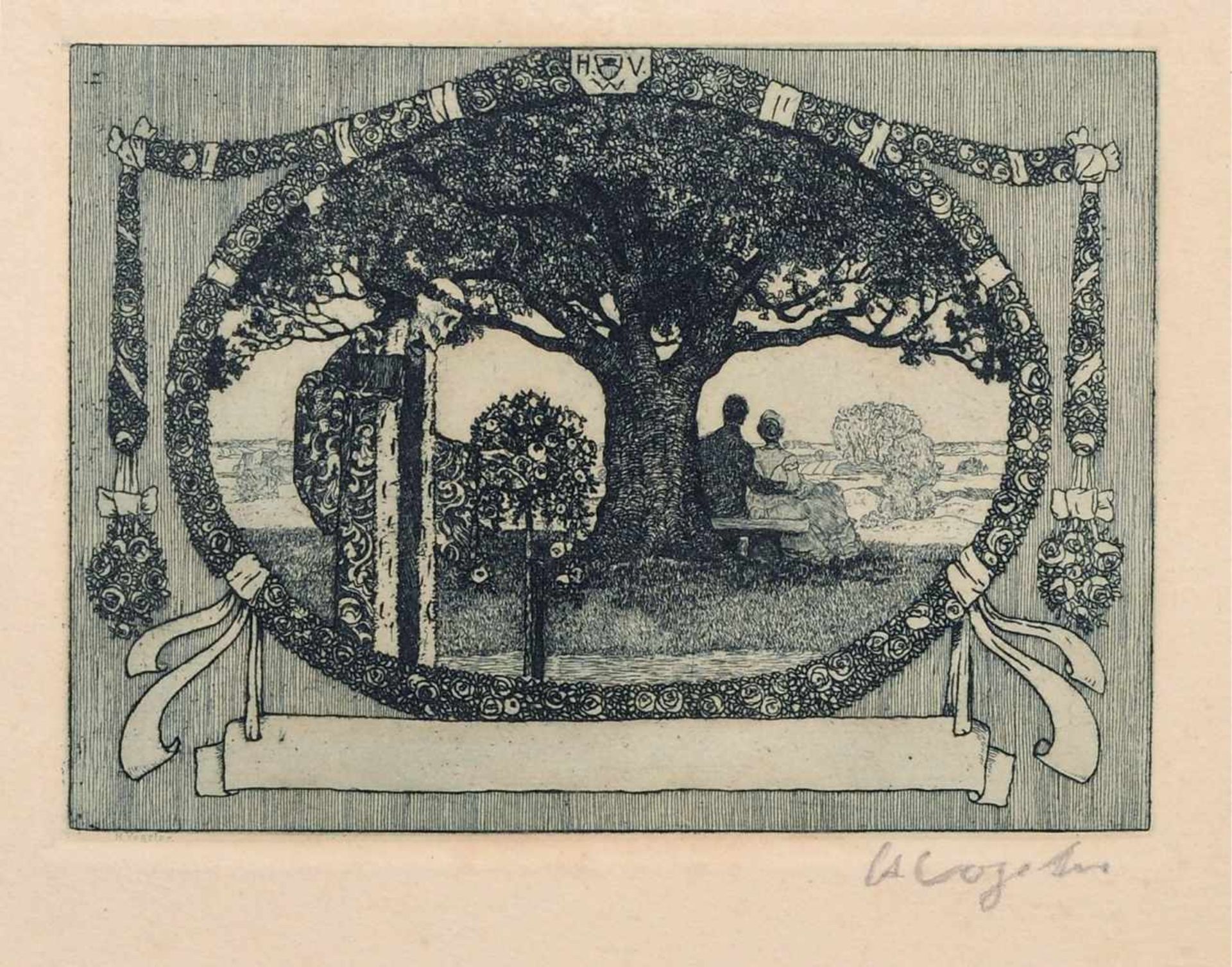 Heinrich Vogeler "Tod bricht Rosen (Liebespaar und Tod)". 1904. Farbradierung in Grün auf kräftigem,