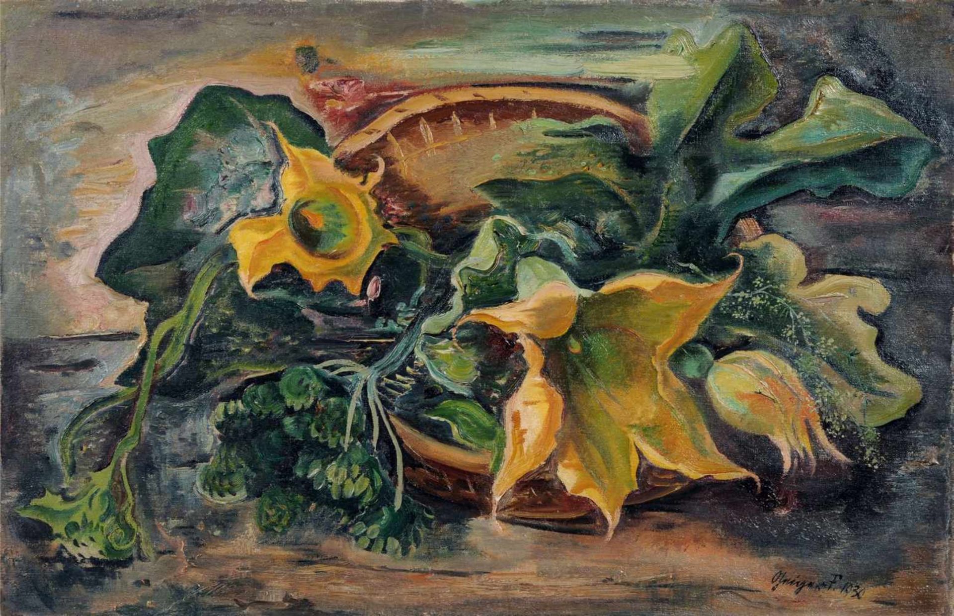 Willi Geiger, Stillleben mit Kürbisblüten. 1930. Öl auf Leinwand. Signiert "Geiger", bezeichnet "