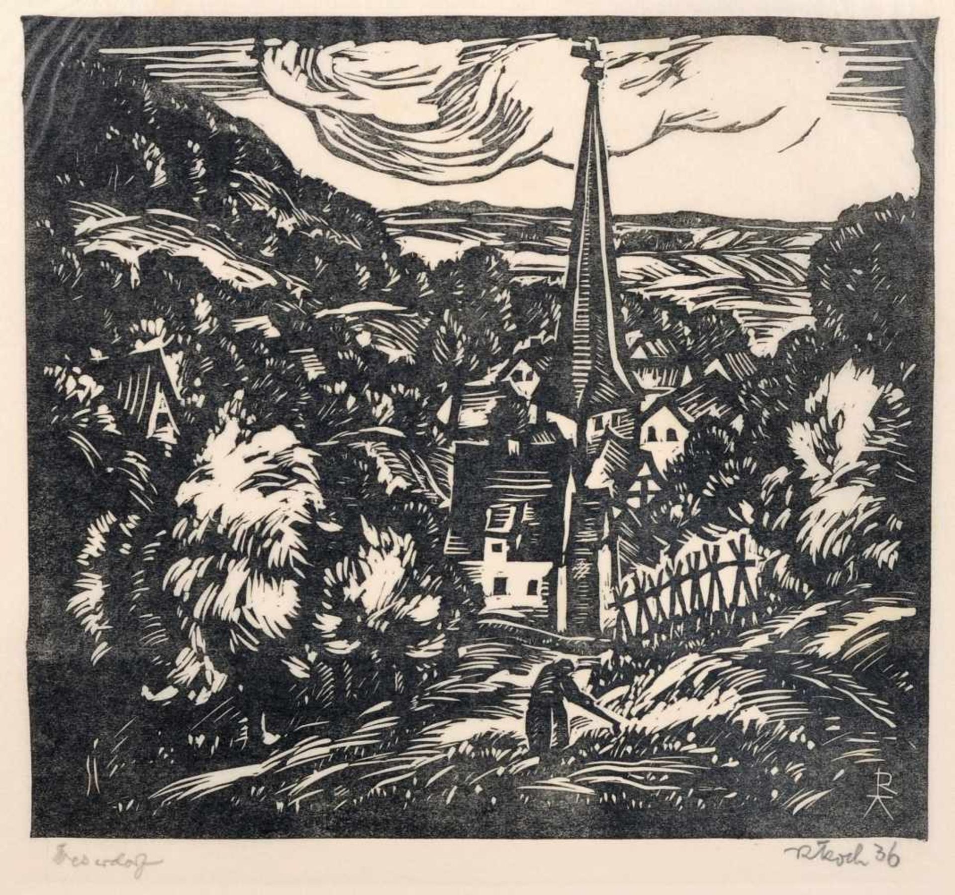 Rudolf Koch, Sechs Dorf- und Kirchendarstellungen aus der Umgebung von Braunschweig. 1930er Jahre. - Bild 4 aus 6
