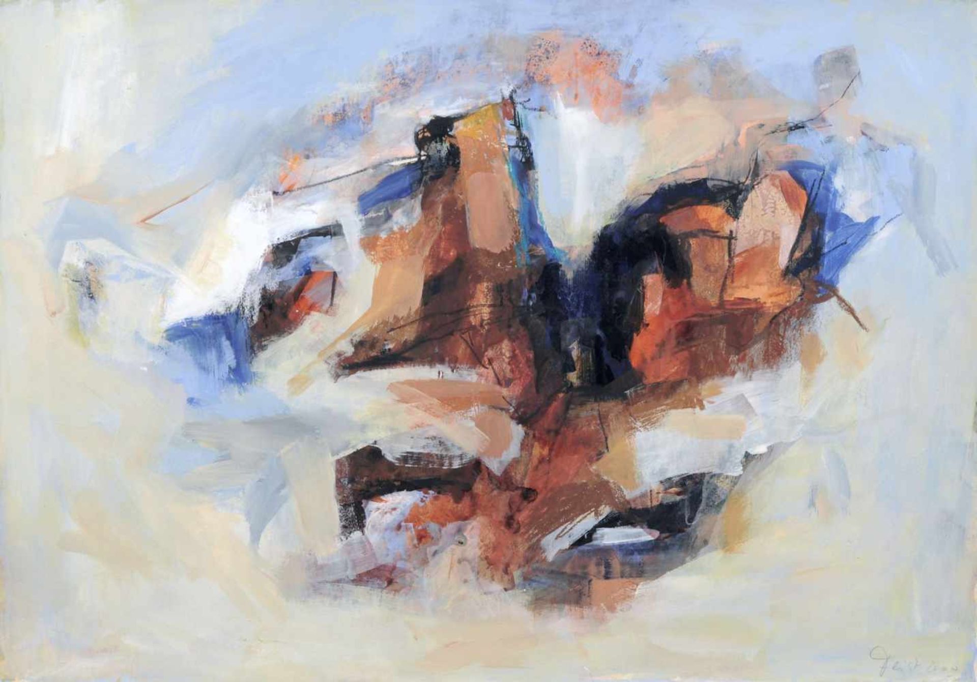 Katrin Feist, Abstrakte Komposition in Blau-Orange. 2000. Aquarell, Deckfarben und farbige Kreide