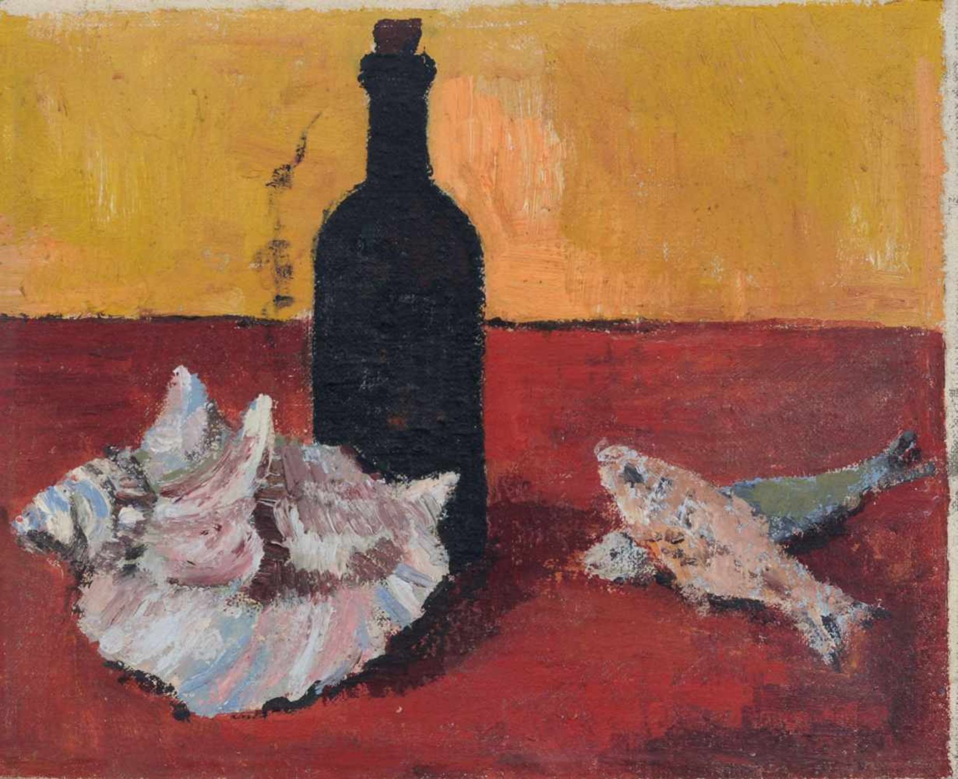 Erhard Gassan, Stillleben mit Fischen, Muschel und Flasche. 1969. Öl auf Leinwand, vollflächig auf