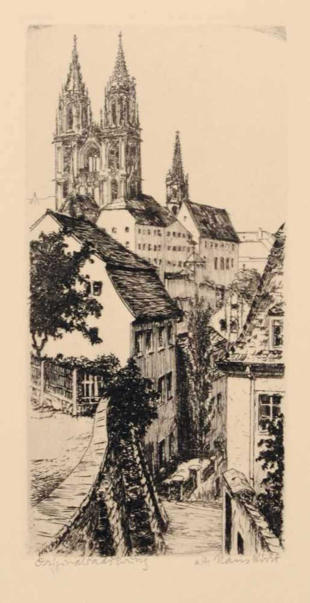 Hans Kirst, Sieben Ansichten von Meißen (Dom, Leinenwebergasse, Rote Stufen, Frauenkirche). Um 1956.