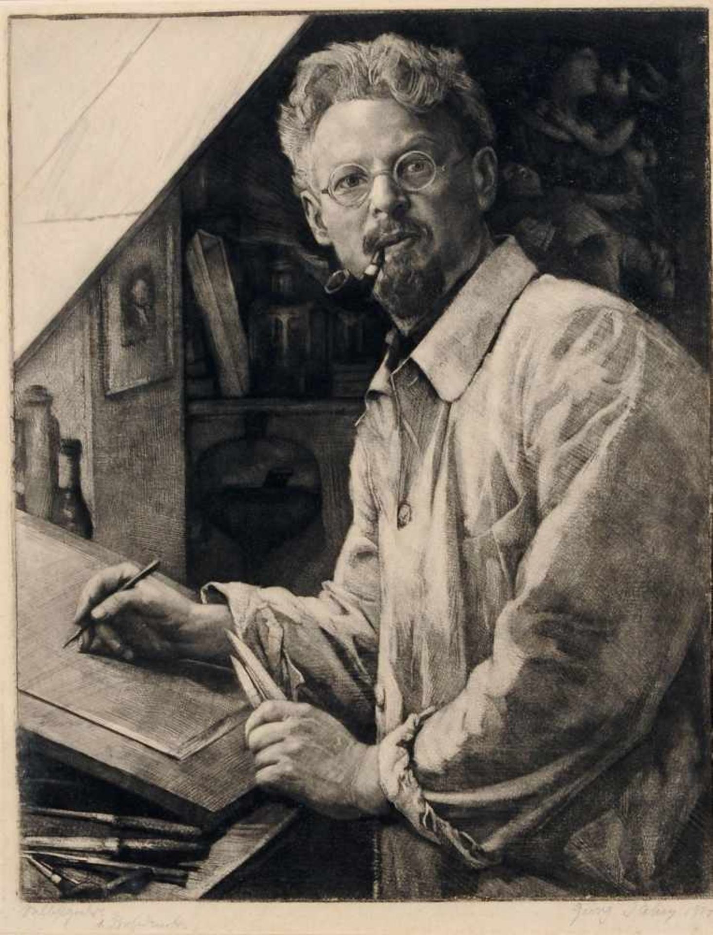 Georg Jahn "Selbstbildnis am Pult". 1914. Radierung auf leichtem Karton. Unterhalb der Darstellung