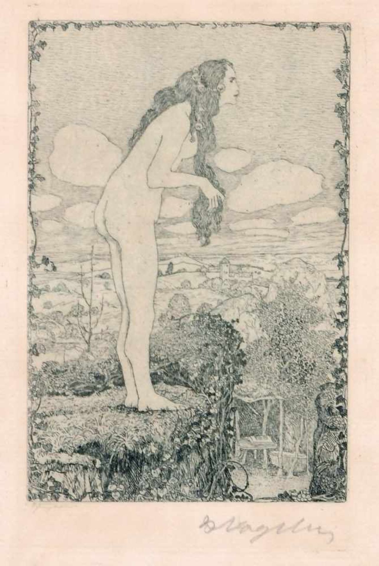 Heinrich Vogeler "Die Nymphe". 1907. Radierung und Kaltnadel in Grün auf Bütten (angeschnittenes