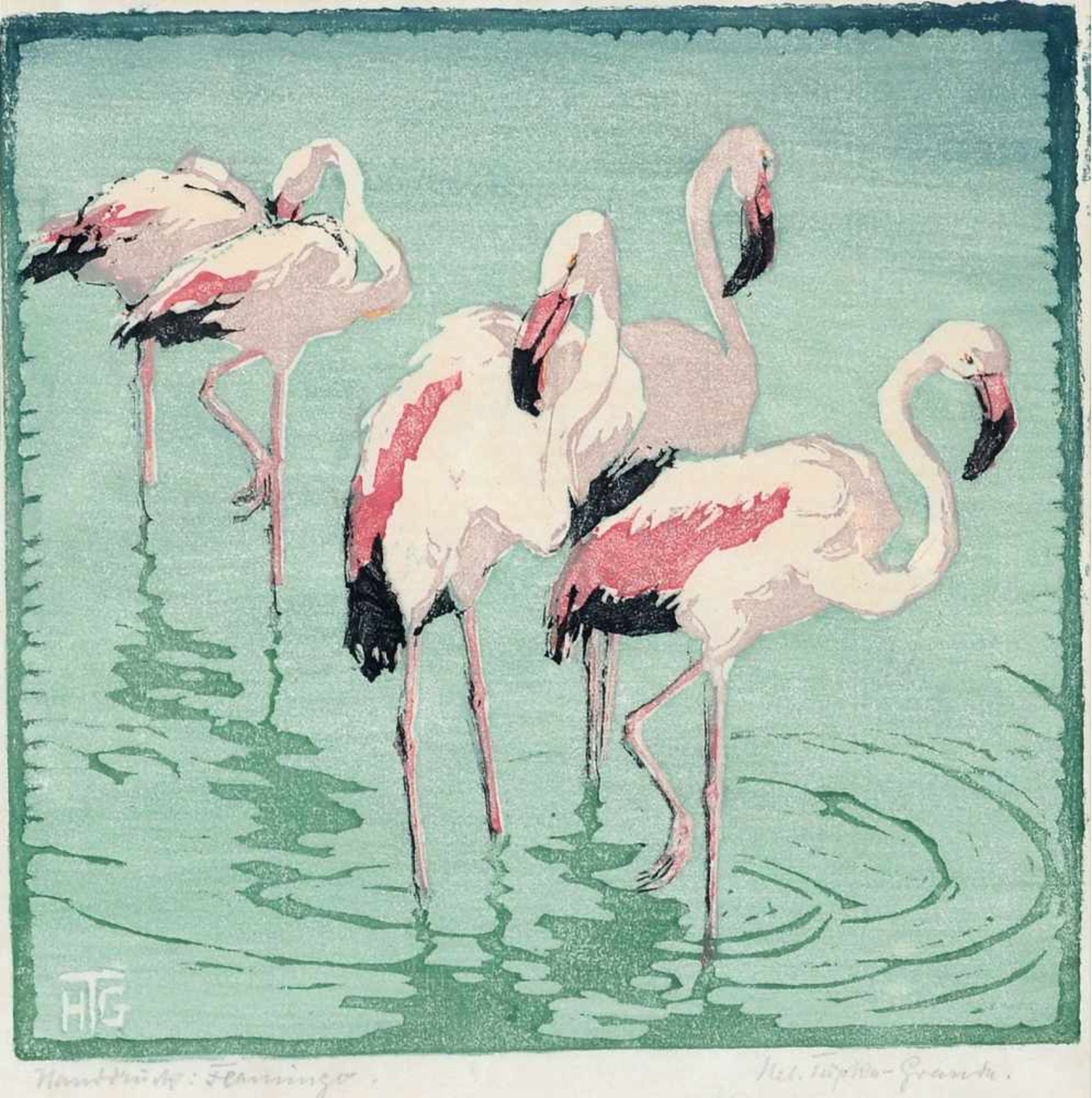 Helene Tüpke-Grande "Flamingo". Anfang 20. Jh. Farbholzschnitt. Im Stock u.li. monogrammiert "