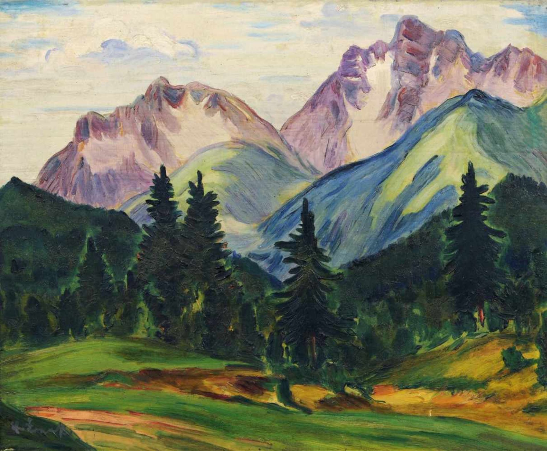 Erich Fraaß, Blick auf das Kaisergebirge (?). Späte 1930er Jahre. Öl auf Sperrholz. Signiert "E.